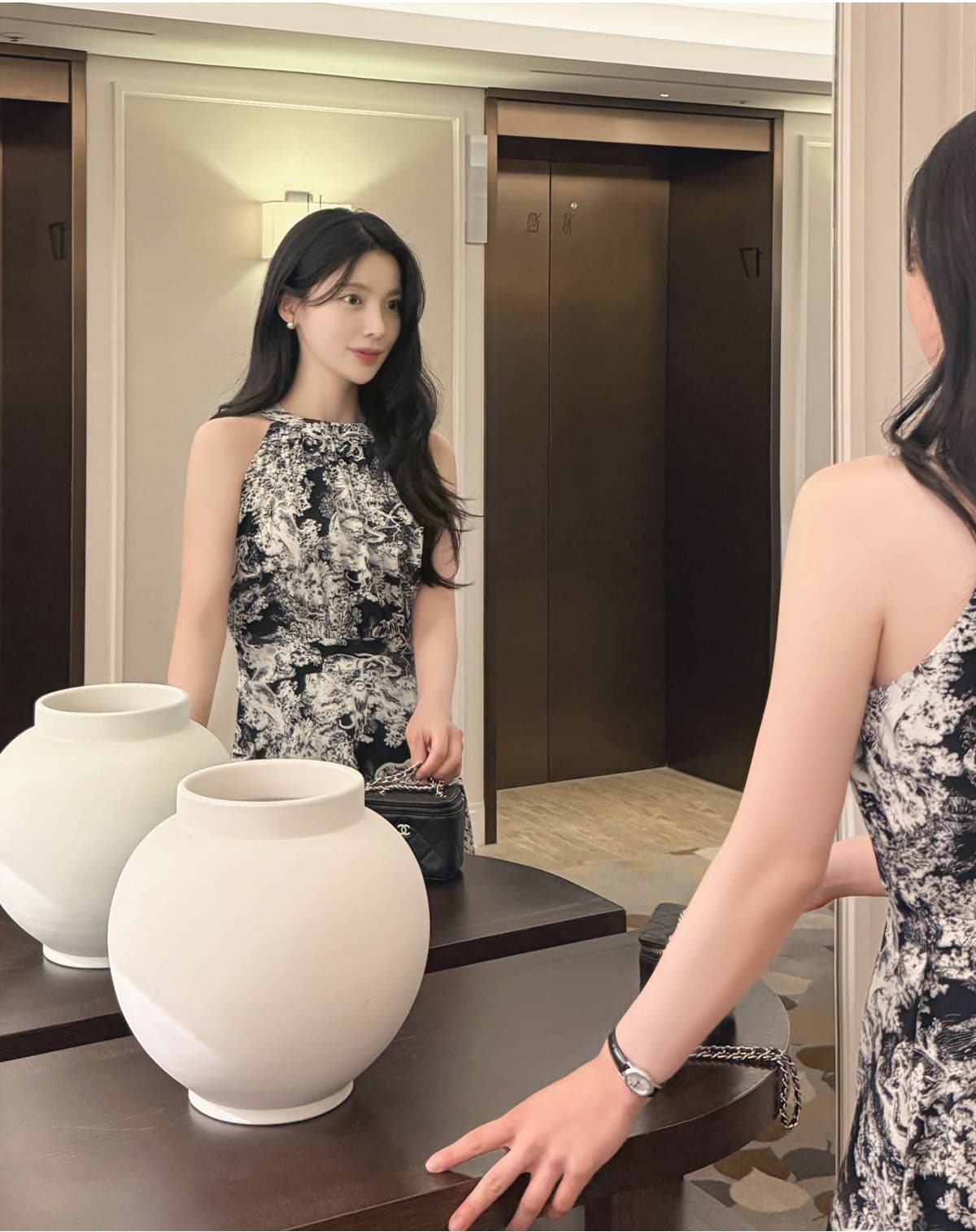 청화 백자 프린트 행침 목 몸매 가꾸기 레이스업 슬립 드레스 롱 스커트 한국 스타일 chic 상세 이미지 23