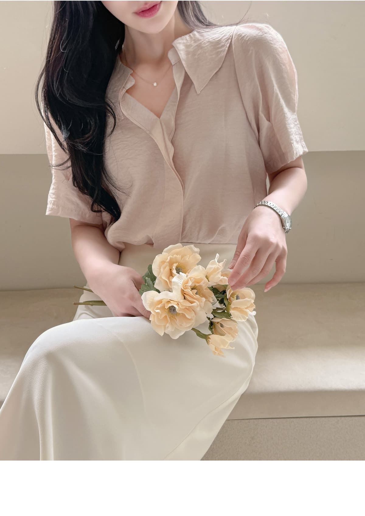 프릴 칼라 반팔 셔츠 쉬폰 블라우스 한국 스타일 chic Chic 작은 대중 디자인 센스 상세 이미지 14