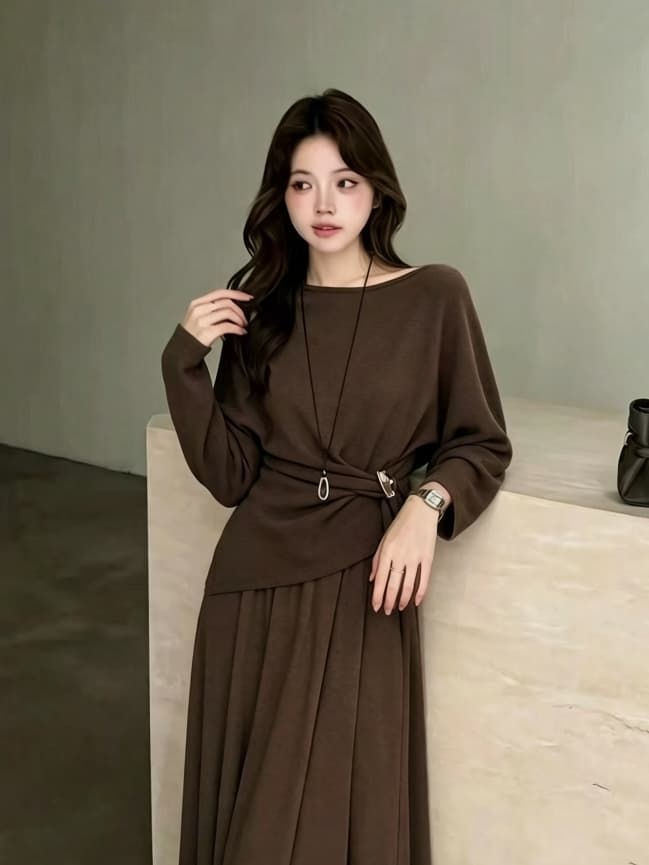 느긋한 바람 긴팔 티셔츠 빅 플레어 스커트 바닥 청소 치마
