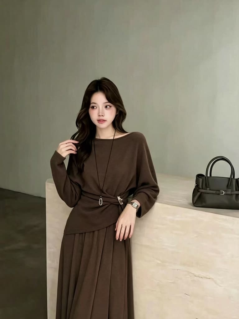 느긋한 바람 긴팔 티셔츠 빅 플레어 스커트 바닥 청소 치마 상세 이미지 1