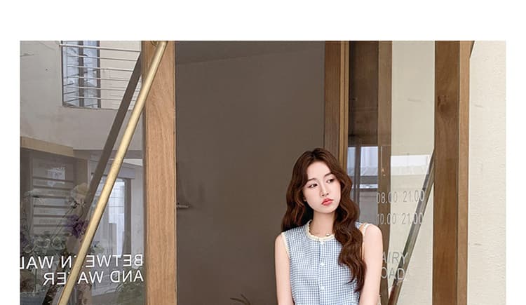 여름 새로운 프랑스식 느긋한 바람 스택 착용 파란색 체크무늬 셔츠 치마 레이스 패치워크 와이드 레그 팬츠 임산부 세트 상세 이미지 22