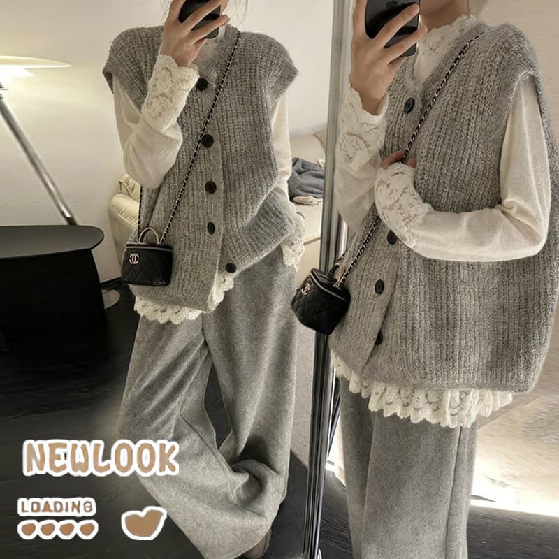 가을 의상 새로운 느긋한 바람 패션 다용도 스택 착용 민소매 베스트 레이스 긴팔 패치워크 기본 셔츠 투피스 세트 이미지 3