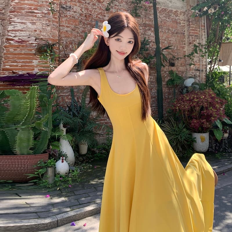 실사 프랑스식 차 휴식 광장 칼라 슬립 드레스 여름 한 마디 조끼 스커트 레트로 허리 수축 빅 사이즈 황색 롱 스커트 이미지 2