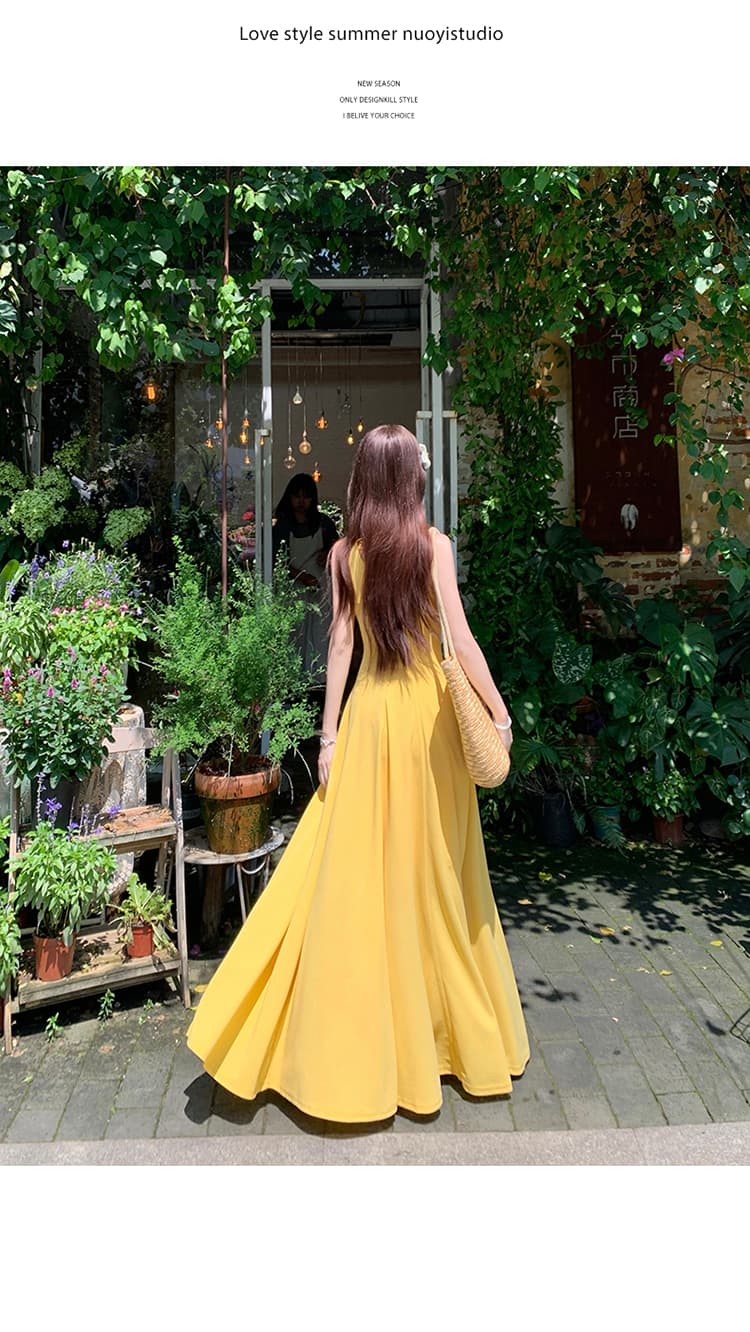 실사 프랑스식 차 휴식 광장 칼라 슬립 드레스 여름 한 마디 조끼 스커트 레트로 허리 수축 빅 사이즈 황색 롱 스커트 상세 이미지 8