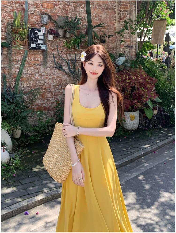 실사 프랑스식 차 휴식 광장 칼라 슬립 드레스 여름 한 마디 조끼 스커트 레트로 허리 수축 빅 사이즈 황색 롱 스커트 상세 이미지 13