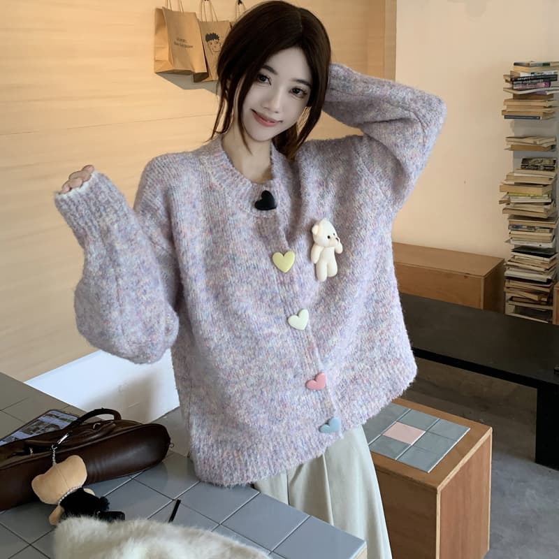 실사 한 부서 작은 곰 니트 오픈 가디건 스웨터 가을 겨울 새로운 빅 사이즈 부드러운 찹쌀 스웨터 긴팔 재킷 세트 이미지 4