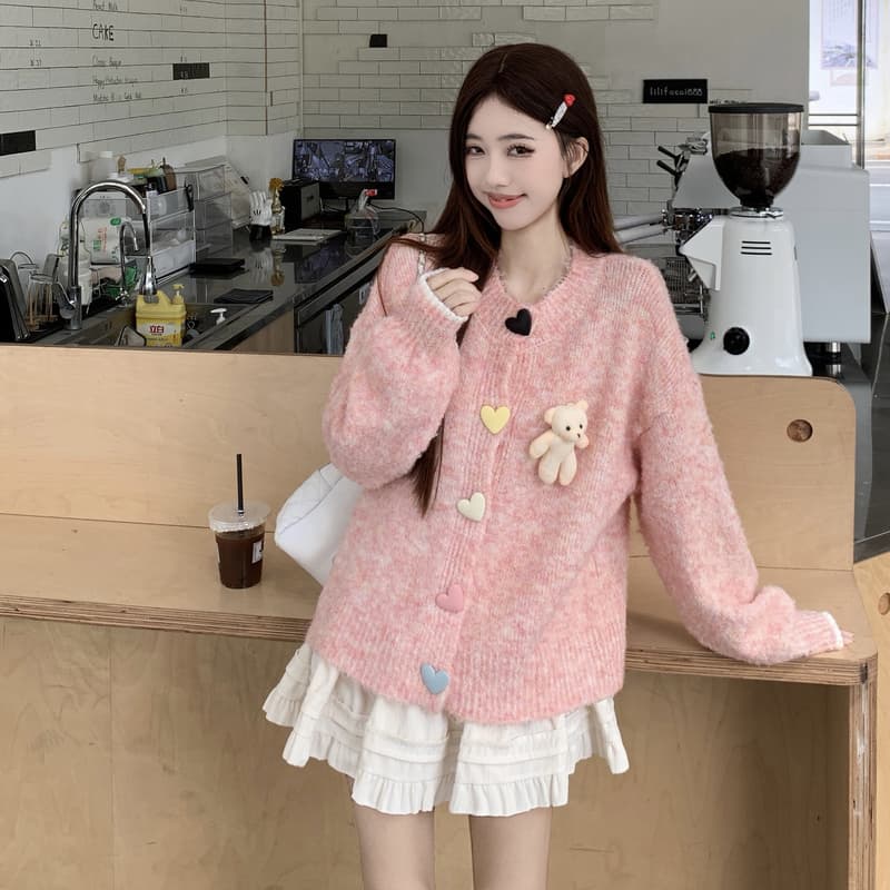 실사 한 부서 작은 곰 니트 오픈 가디건 스웨터 가을 겨울 새로운 빅 사이즈 부드러운 찹쌀 스웨터 긴팔 재킷 세트