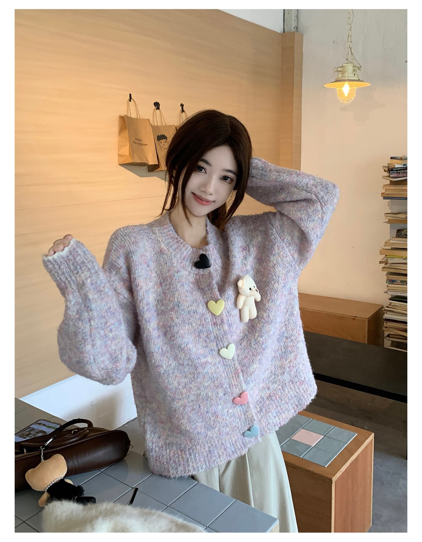 실사 한 부서 작은 곰 니트 오픈 가디건 스웨터 가을 겨울 새로운 빅 사이즈 부드러운 찹쌀 스웨터 긴팔 재킷 세트 상세 이미지 8