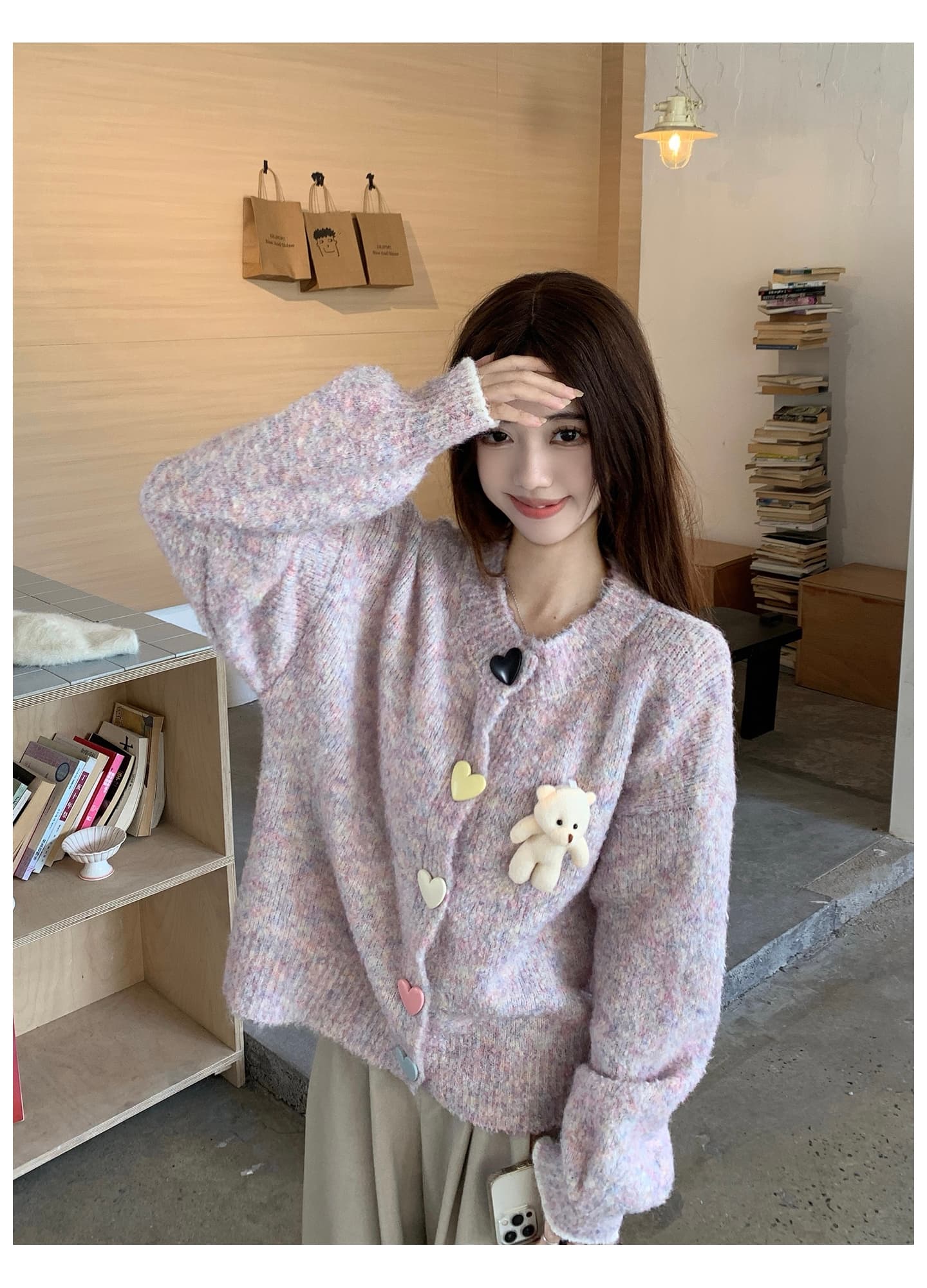 실사 한 부서 작은 곰 니트 오픈 가디건 스웨터 가을 겨울 새로운 빅 사이즈 부드러운 찹쌀 스웨터 긴팔 재킷 세트 상세 이미지 10