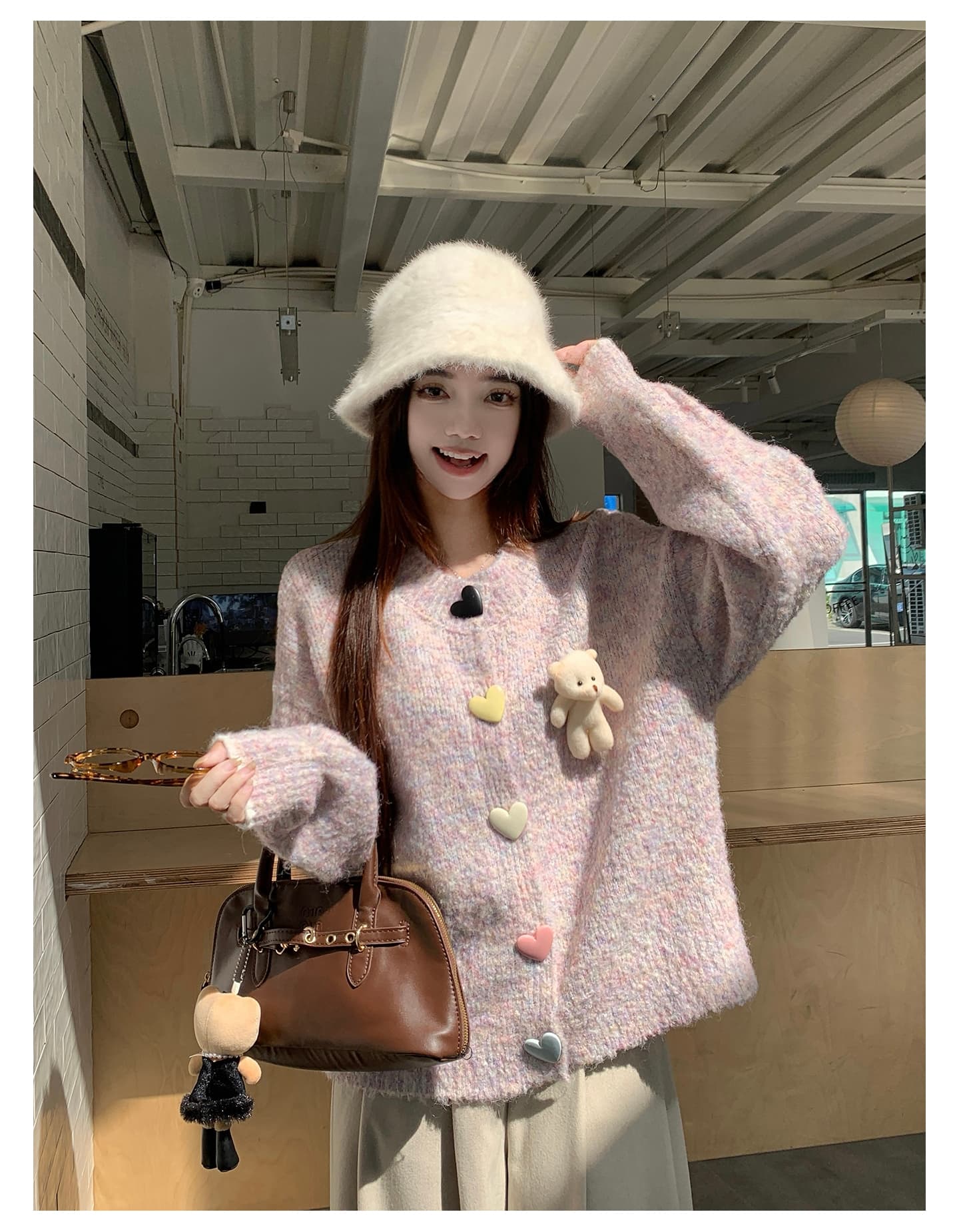 실사 한 부서 작은 곰 니트 오픈 가디건 스웨터 가을 겨울 새로운 빅 사이즈 부드러운 찹쌀 스웨터 긴팔 재킷 세트 상세 이미지 13