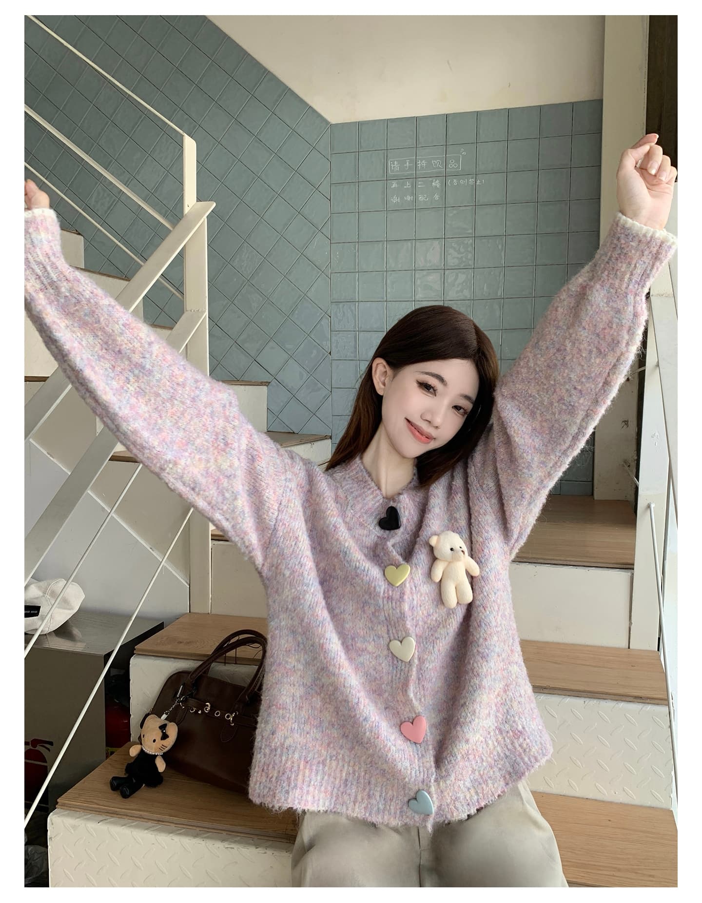 실사 한 부서 작은 곰 니트 오픈 가디건 스웨터 가을 겨울 새로운 빅 사이즈 부드러운 찹쌀 스웨터 긴팔 재킷 세트 상세 이미지 19