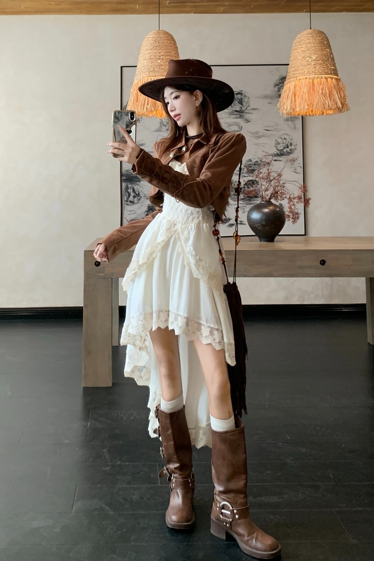 실사 패션 세트 여성 커피 색상 폴로 칼라 재킷 가을 겨울 레이스 측면 한 마디 슬립 드레스 빅 사이즈 투피스 세트 이미지 6
