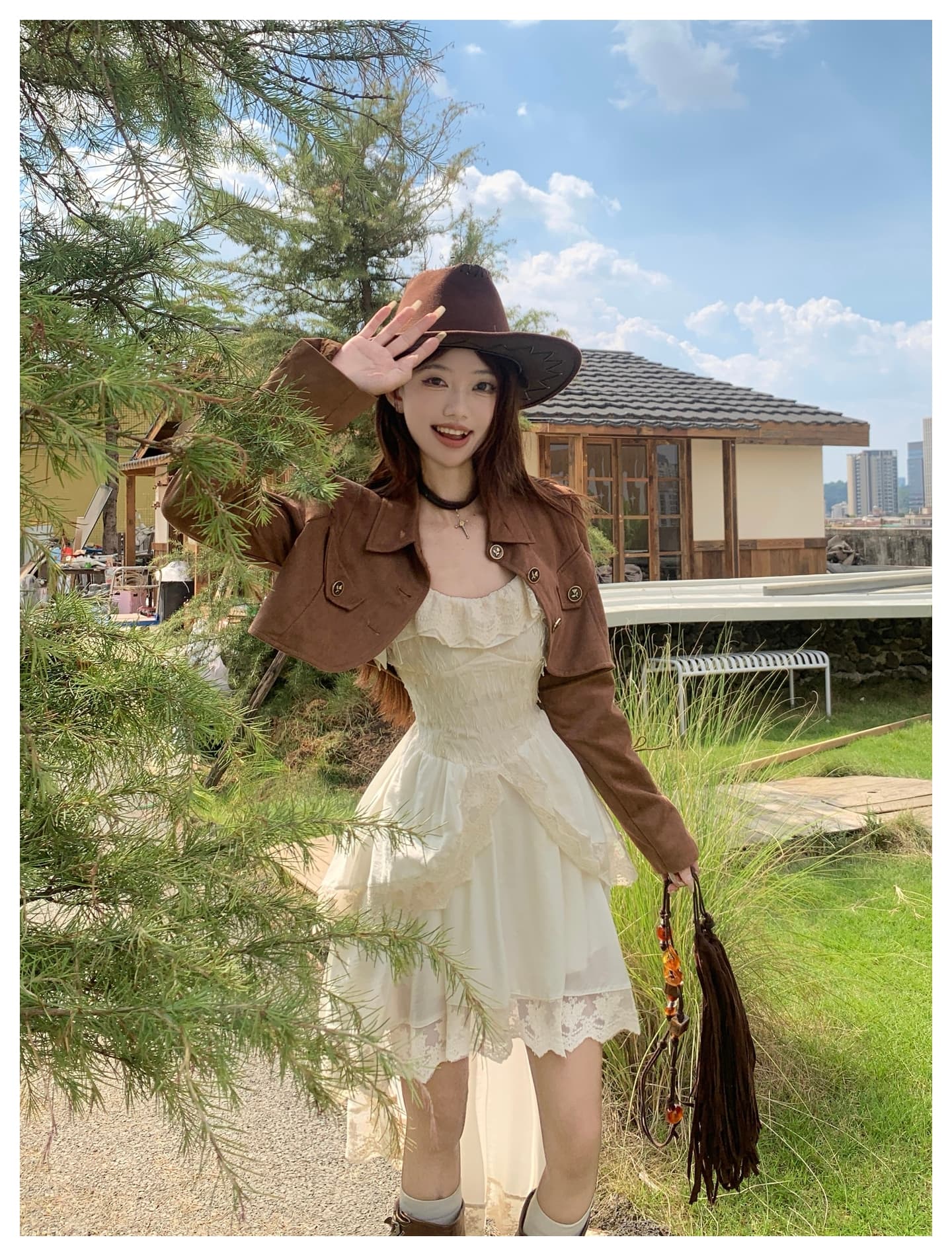 실사 패션 세트 여성 커피 색상 폴로 칼라 재킷 가을 겨울 레이스 측면 한 마디 슬립 드레스 빅 사이즈 투피스 세트 상세 이미지 13