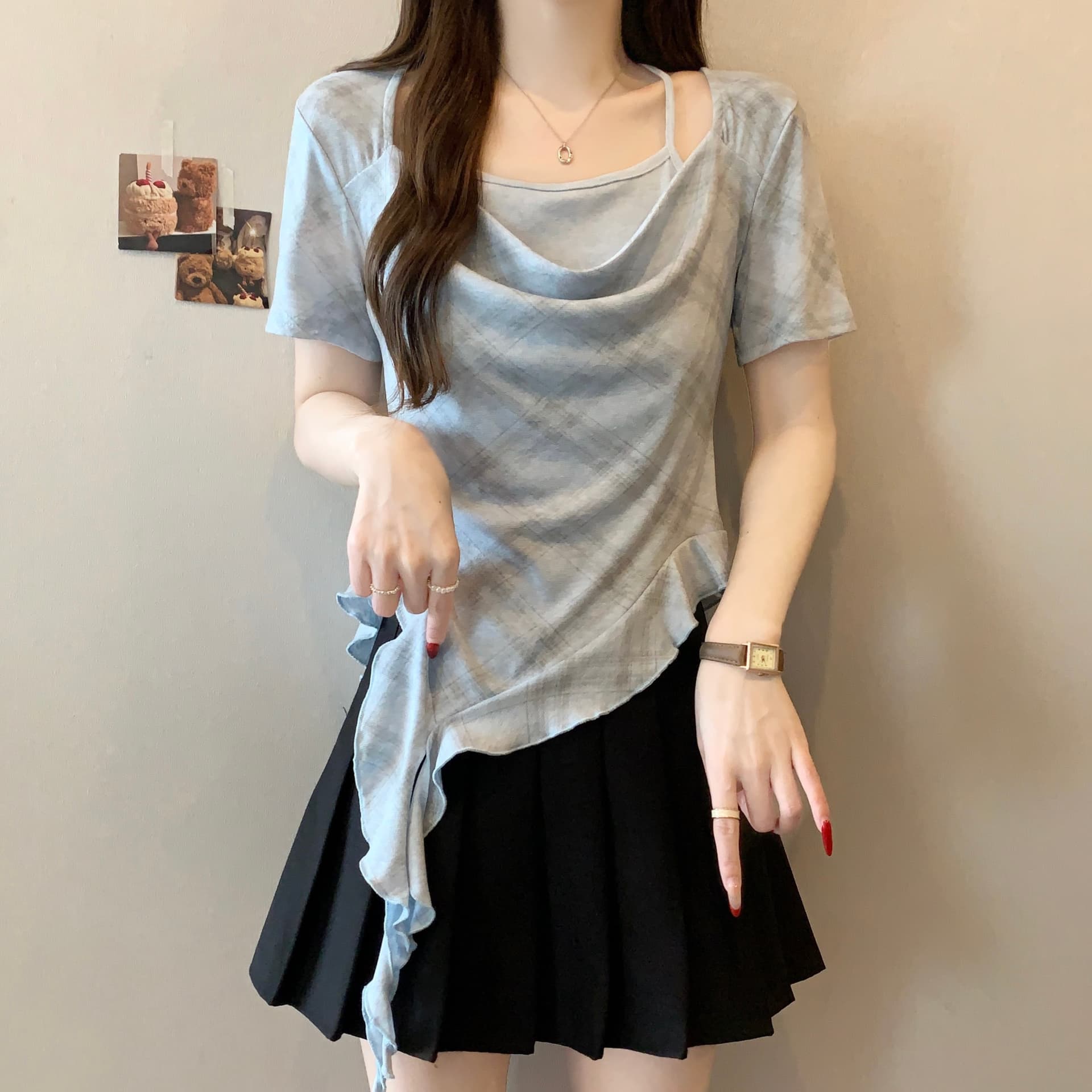실사 빅 사이즈 레트로 체크무늬 페이크 레이어드 자수 반팔 티셔츠 여성 여름 새로운 몸매 가꾸기 슬림해 보이는 맨위 다용도 트렌디 상세 이미지 14
