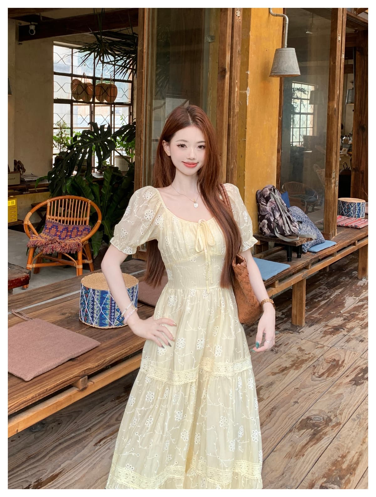 실사 2026 여름 새로운 프랑스식 신선함 홀로우 아웃 자수 광장 칼라 허리 수축 롱 코트 반팔 빅 사이즈 드레스 상세 이미지 16