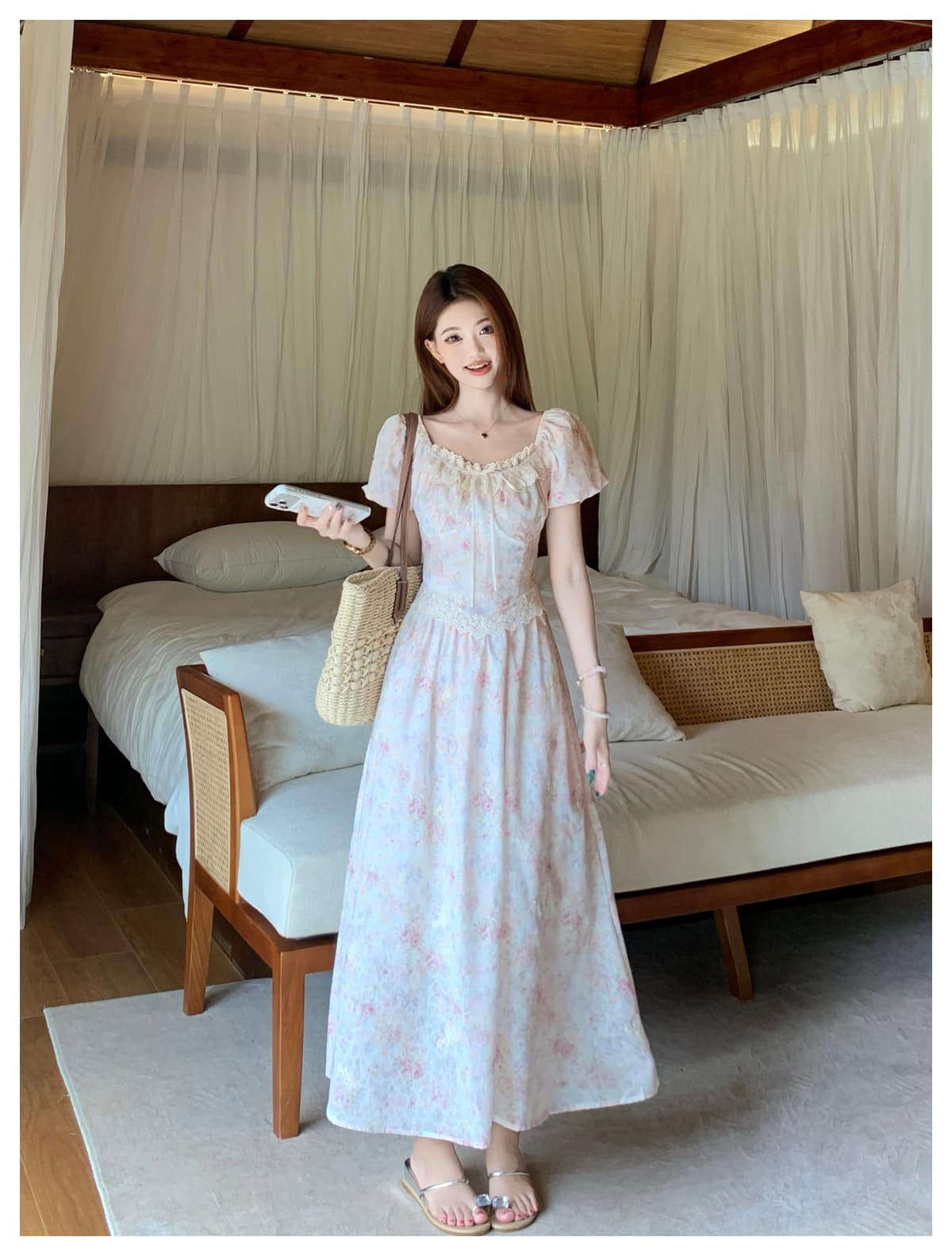 실사 여름 빅 사이즈 지방 mm 거품 소매 꽃무늬 여성 드레스 달콤함 작은 키 부드러운 바람 요정 치마 상세 이미지 9