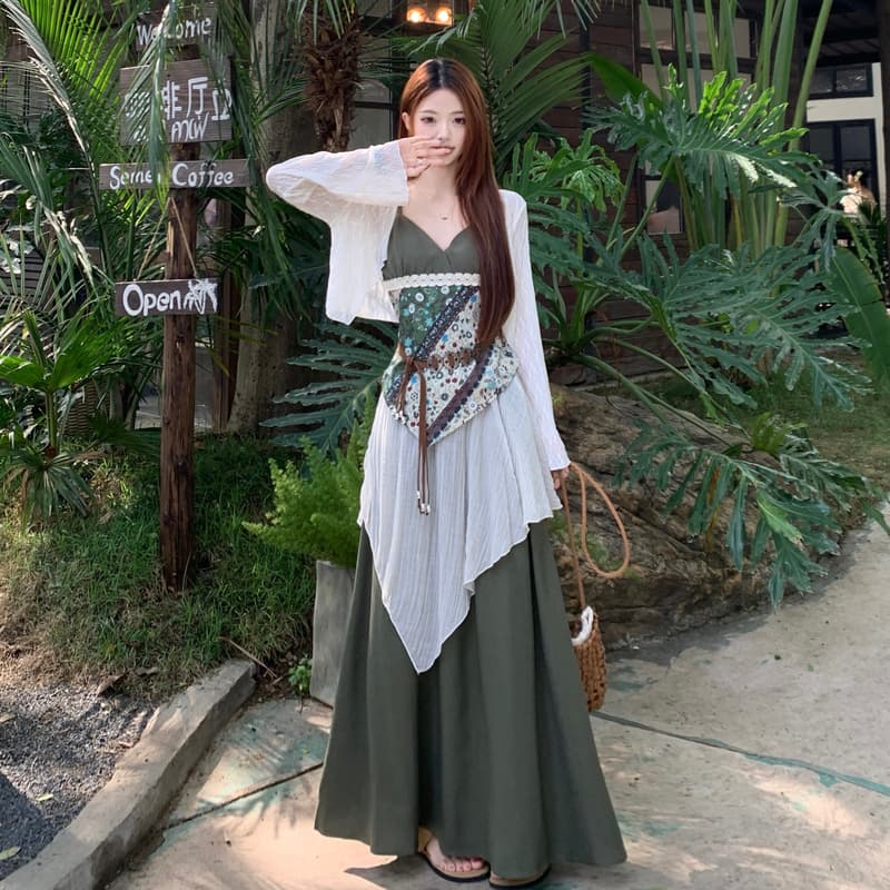 실사 여행 휴가 바람 세트 카디건 코트 캐미솔 여름 패치워크 반신 스커트 빅 사이즈 3종 세트 이미지 2