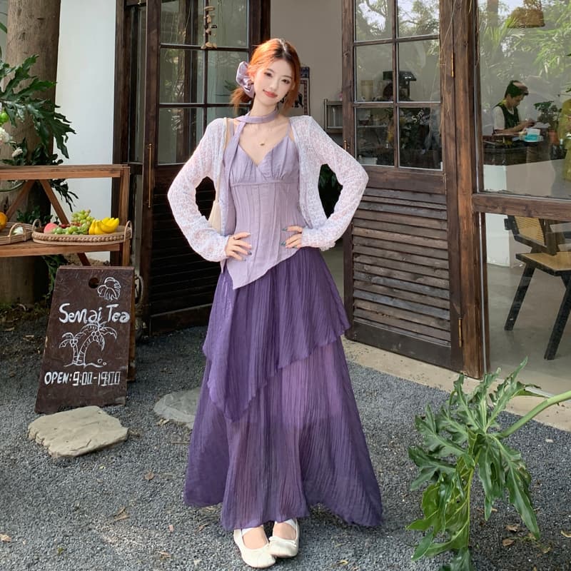 실사 연한 자주색 오픈 가디건 슬립 프릴 반신 스커트 빅 사이즈 세트 여성 여름 2026 새로운 3종 세트 이미지 2