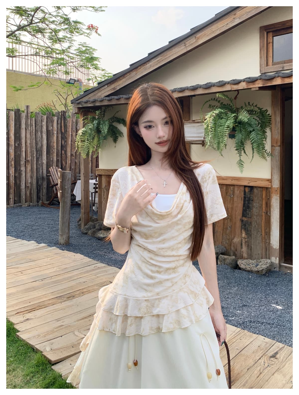 실사 여름 새로운 한 부서 프릴 불규칙 흔들다 칼라 반팔 맨위 반신 스커트 아름다운 빅 사이즈 세트 상세 이미지 25