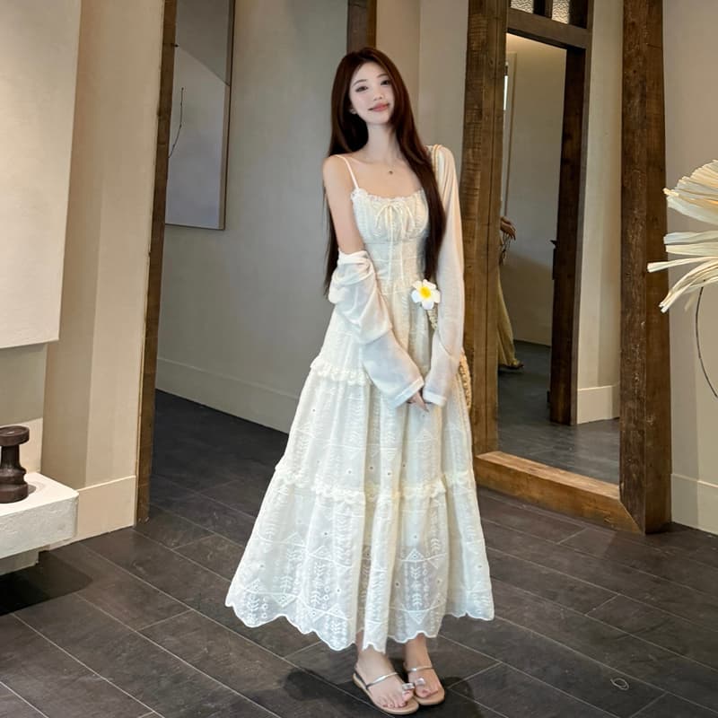 실사 빅 사이즈 여성 의류 여름 프랑스식 니트 오픈 가디건 허리 수축 슬림해 보이는 레이스 슬립 드레스 두 조각 여성 세트 이미지 3