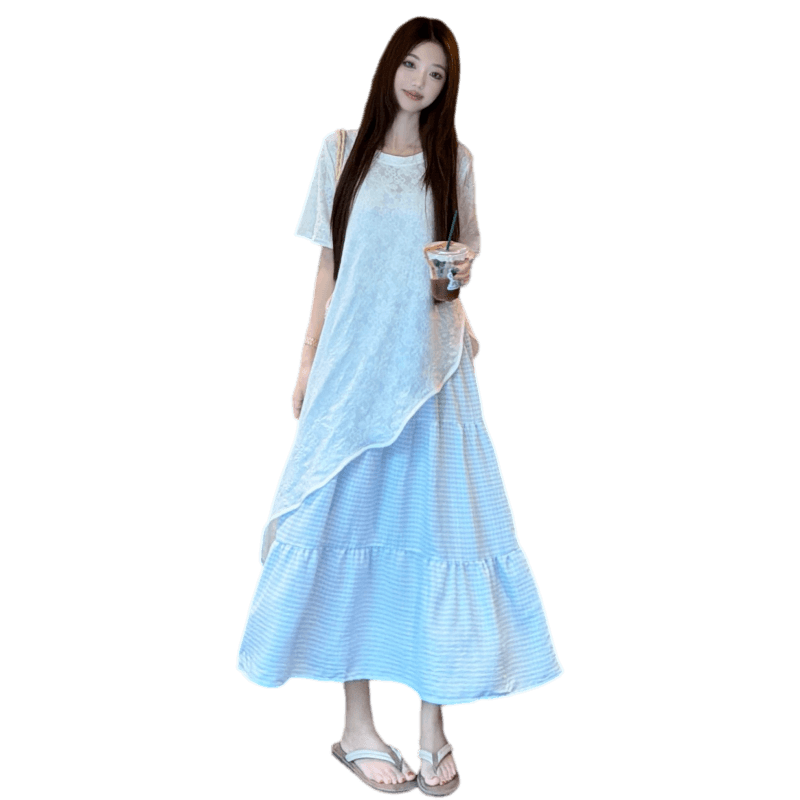 실사 2026 여름 새로운 작은 청신 휴가 바람이 아닙니다. 규칙 블라우스 체크무늬 슬립 드레스 빅 사이즈 투피스 세트 이미지 5
