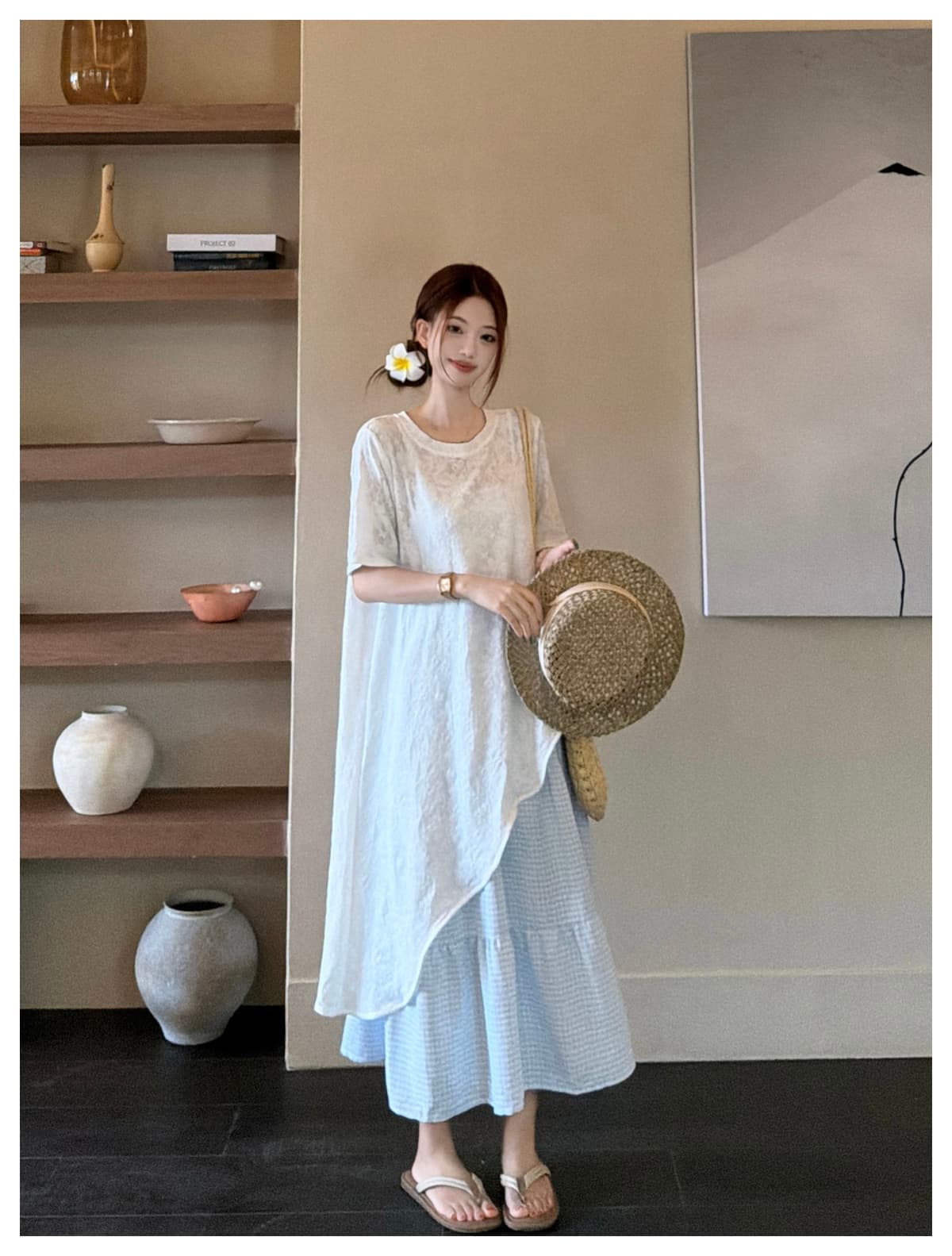 실사 2026 여름 새로운 작은 청신 휴가 바람이 아닙니다. 규칙 블라우스 체크무늬 슬립 드레스 빅 사이즈 투피스 세트 상세 이미지 14