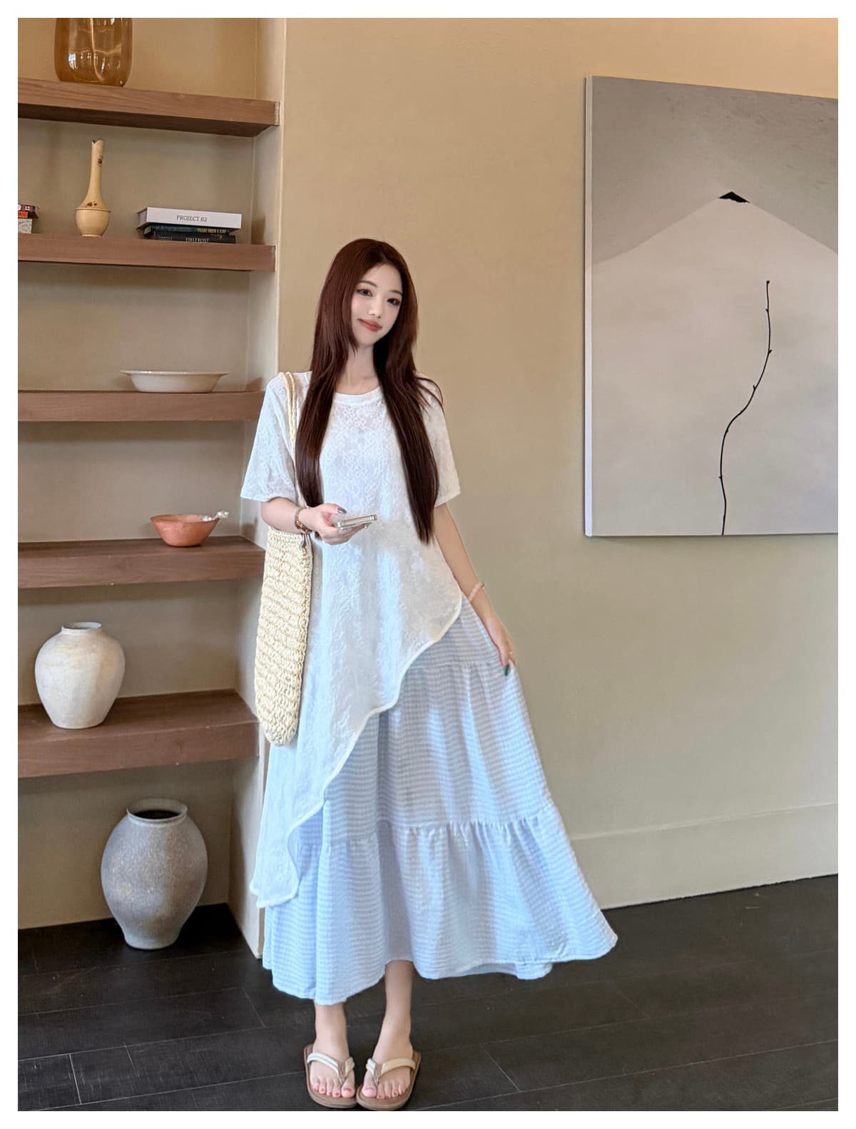 실사 2026 여름 새로운 작은 청신 휴가 바람이 아닙니다. 규칙 블라우스 체크무늬 슬립 드레스 빅 사이즈 투피스 세트 상세 이미지 15
