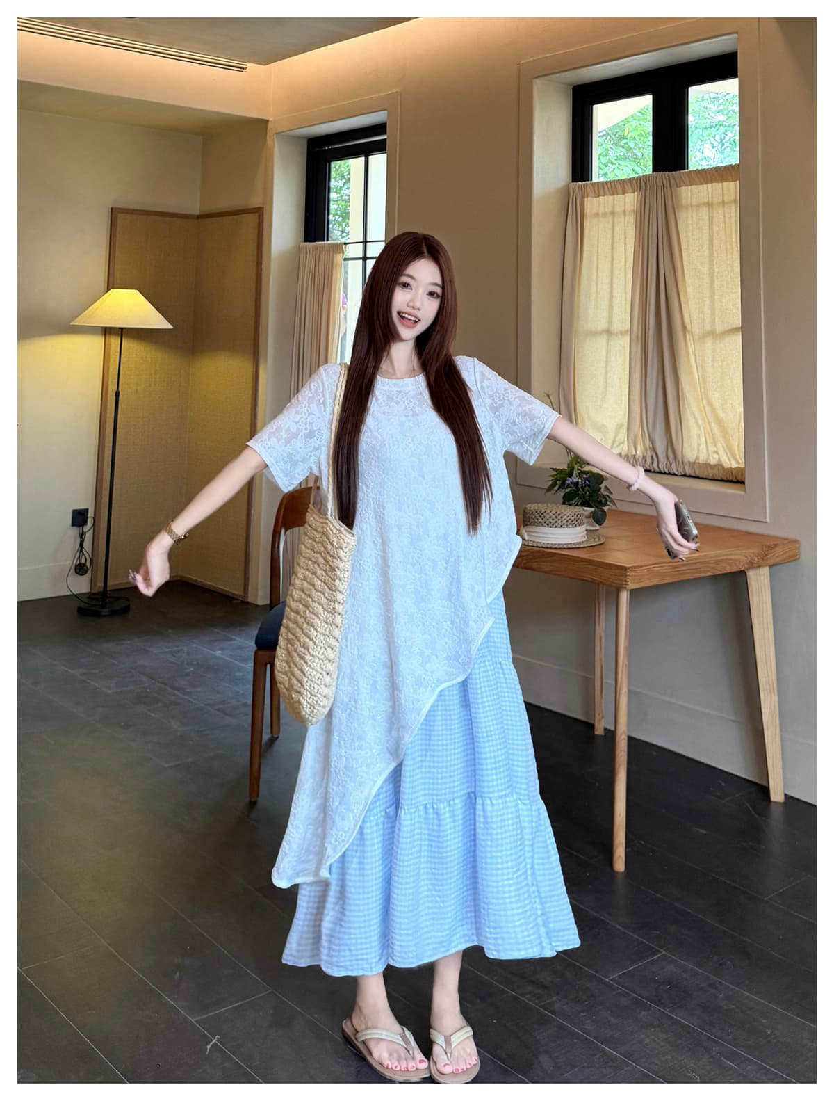 실사 2026 여름 새로운 작은 청신 휴가 바람이 아닙니다. 규칙 블라우스 체크무늬 슬립 드레스 빅 사이즈 투피스 세트 상세 이미지 21