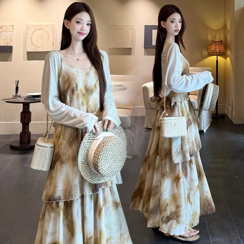 실사 휴가 바람 수묵화 헤일로 염색 작은 대중 슬립 롱 스커트 여름 빅 사이즈 케이크 층 드레스 투피스 세트