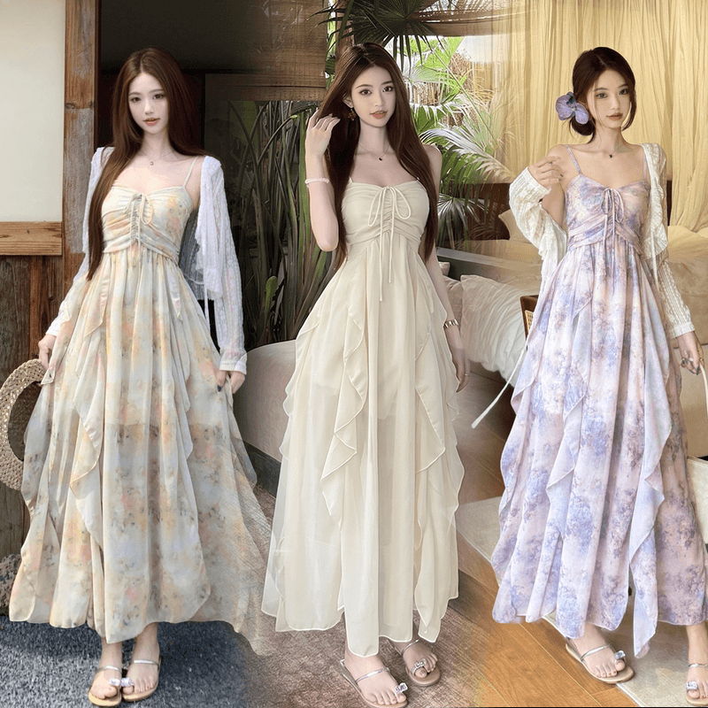 실사 빅 사이즈 여름 휴가 바람 달콤함 프릴 유화 슬립 드레스 얇은 오픈 가디건 투피스 드레스
