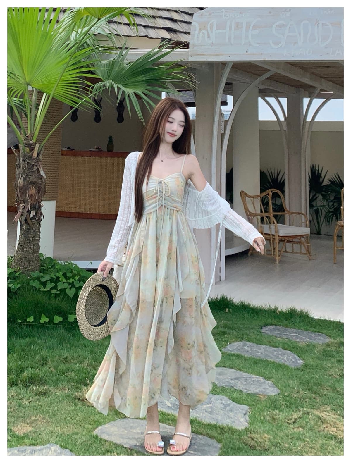 실사 빅 사이즈 여름 휴가 바람 달콤함 프릴 유화 슬립 드레스 얇은 오픈 가디건 투피스 드레스 상세 이미지 9