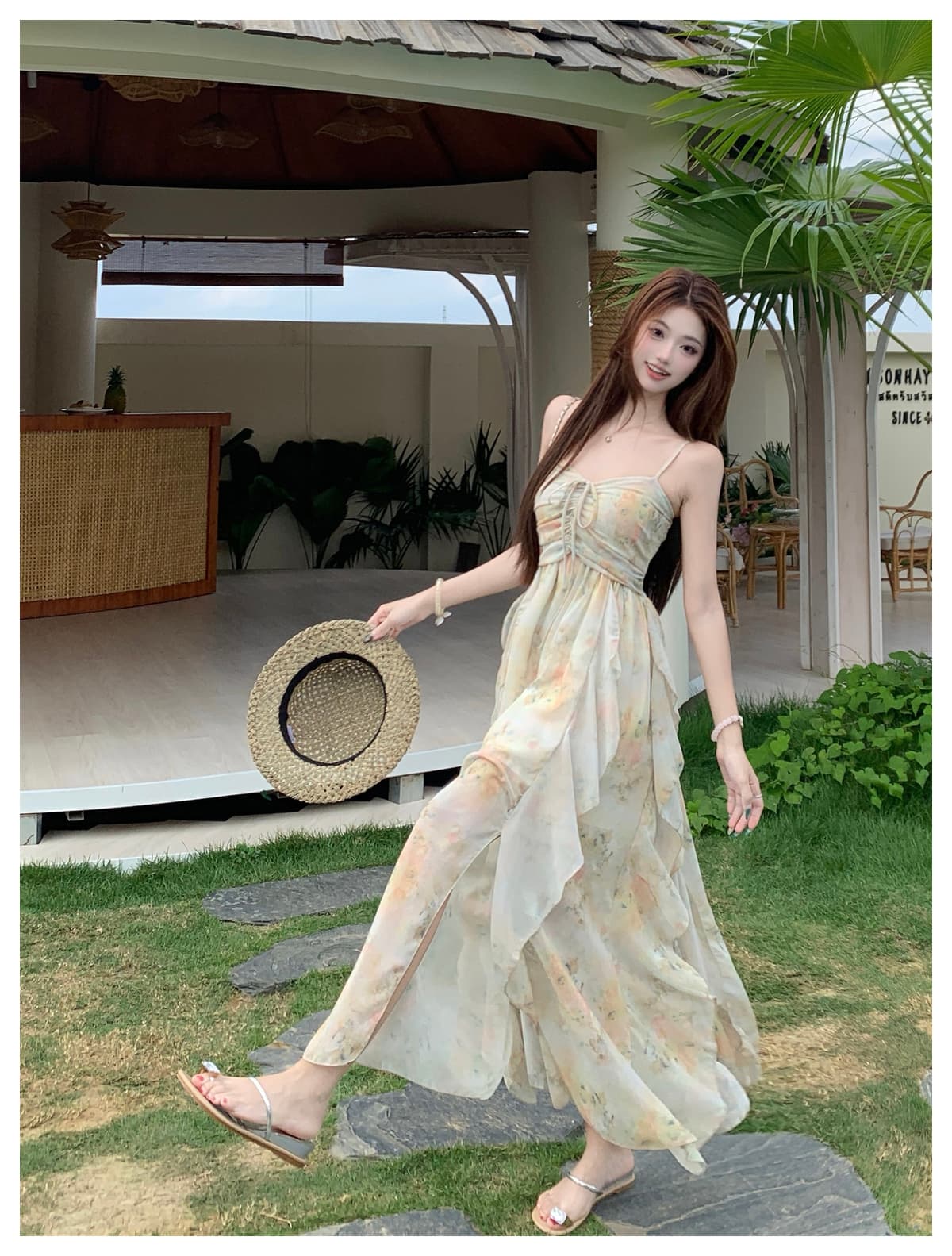 실사 빅 사이즈 여름 휴가 바람 달콤함 프릴 유화 슬립 드레스 얇은 오픈 가디건 투피스 드레스 상세 이미지 10