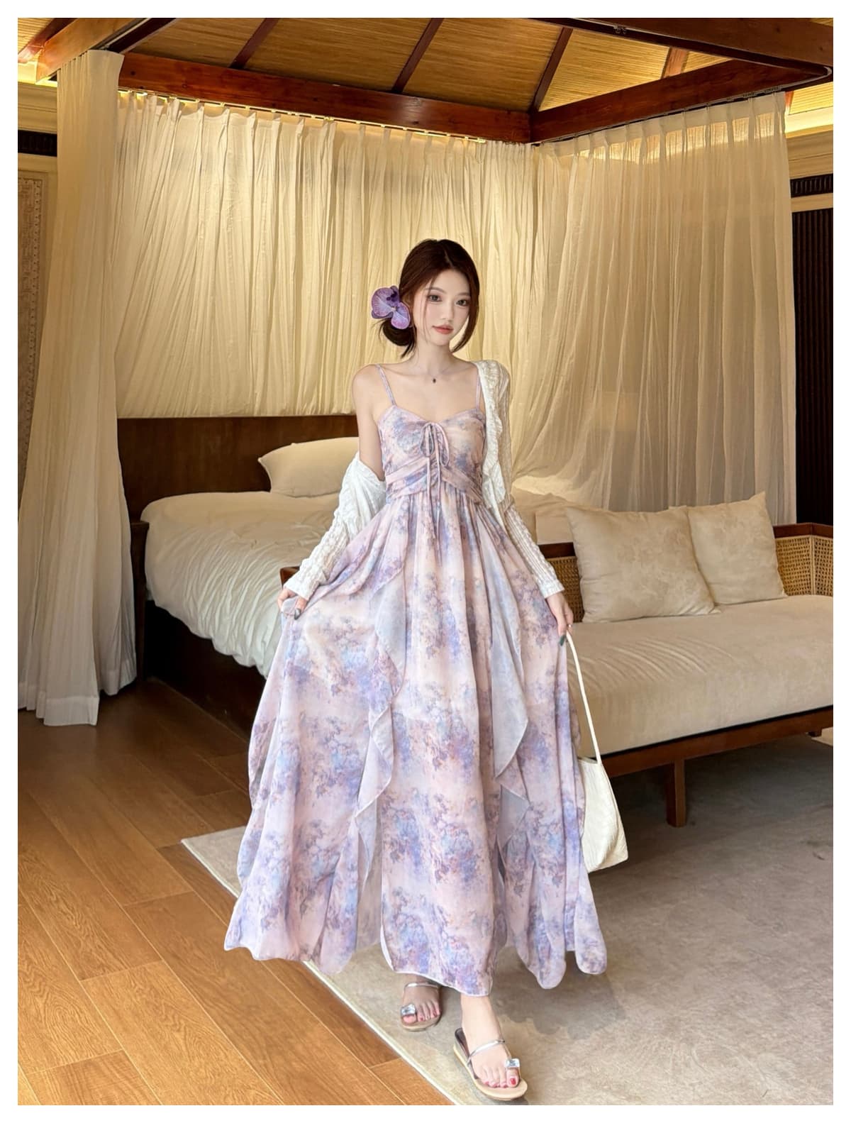 실사 빅 사이즈 여름 휴가 바람 달콤함 프릴 유화 슬립 드레스 얇은 오픈 가디건 투피스 드레스 상세 이미지 27