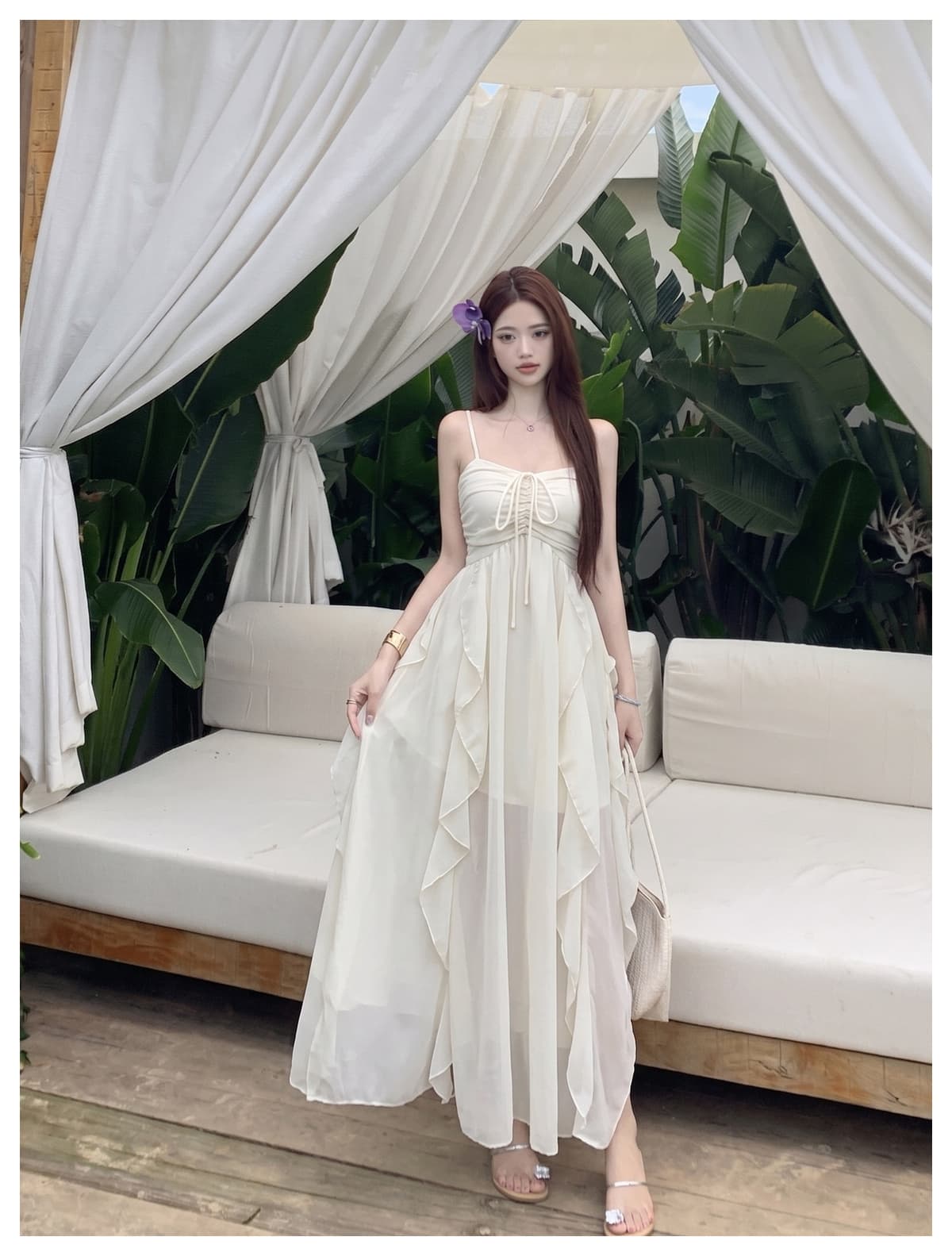 실사 빅 사이즈 여름 휴가 바람 달콤함 프릴 유화 슬립 드레스 얇은 오픈 가디건 투피스 드레스 상세 이미지 37
