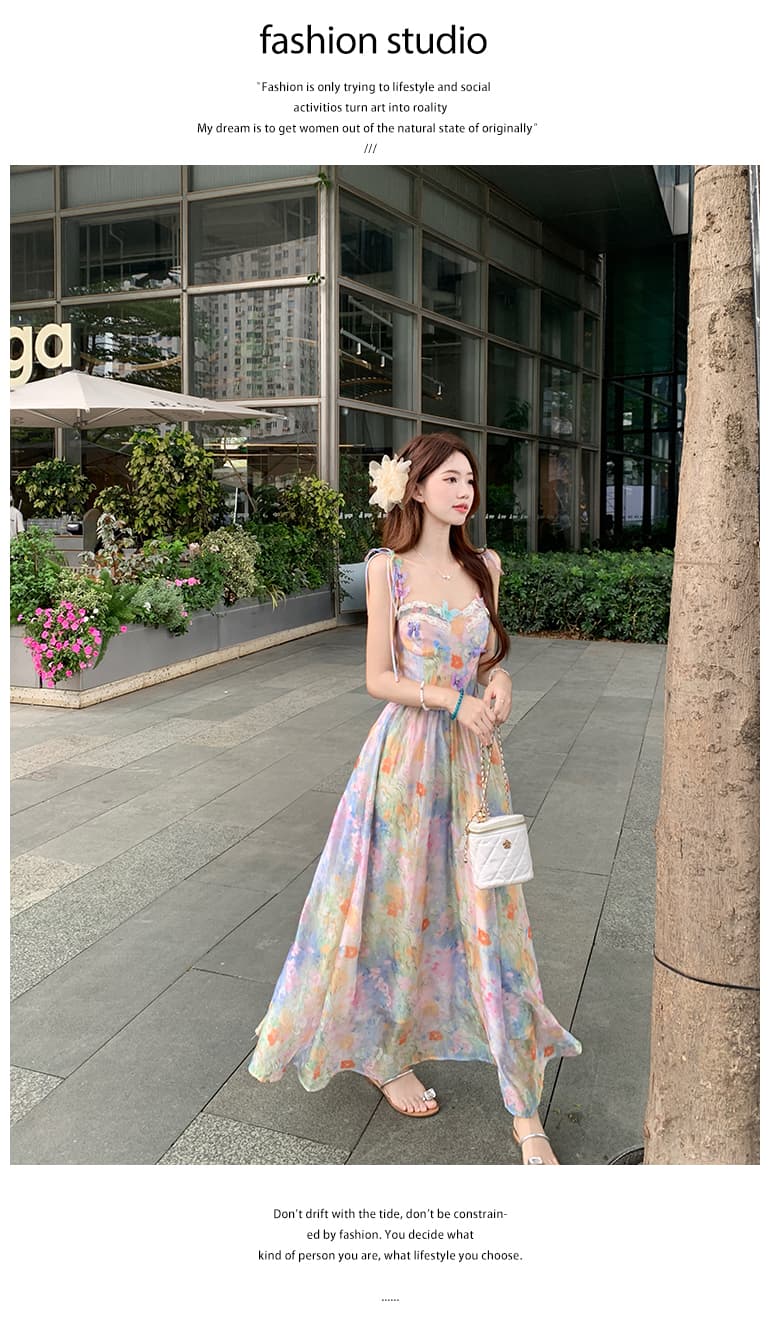 실사 2026 여름 새로운 빅 사이즈 세트 꽃무늬 도파민 프랑스식 드레스 휴가 바람 슬립 드레스 상세 이미지 7