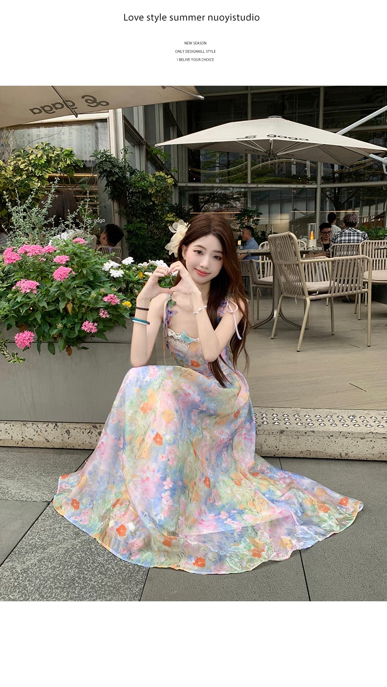 실사 2026 여름 새로운 빅 사이즈 세트 꽃무늬 도파민 프랑스식 드레스 휴가 바람 슬립 드레스 상세 이미지 10