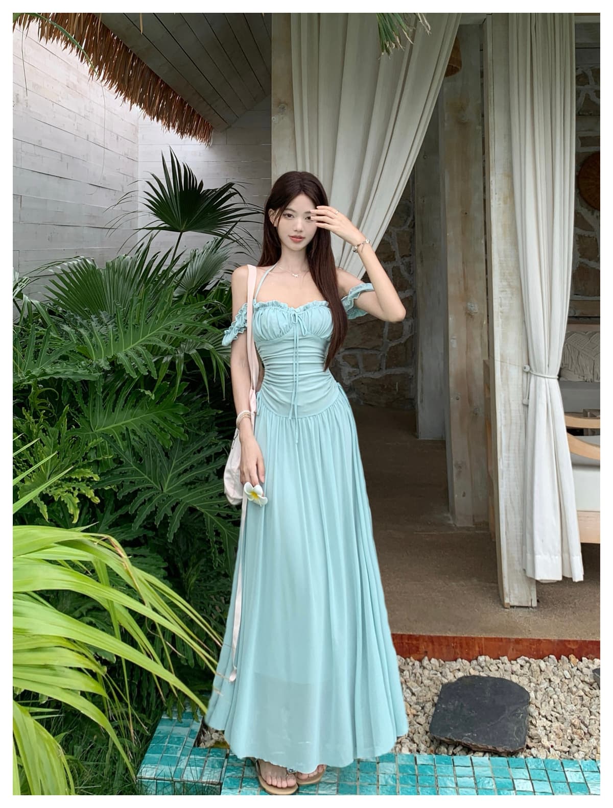 실사 2026 여름 새로운 빅 사이즈 망사 해변가 휴가 드레스 여름 섬 광장 칼라 품격 치마 상세 이미지 13