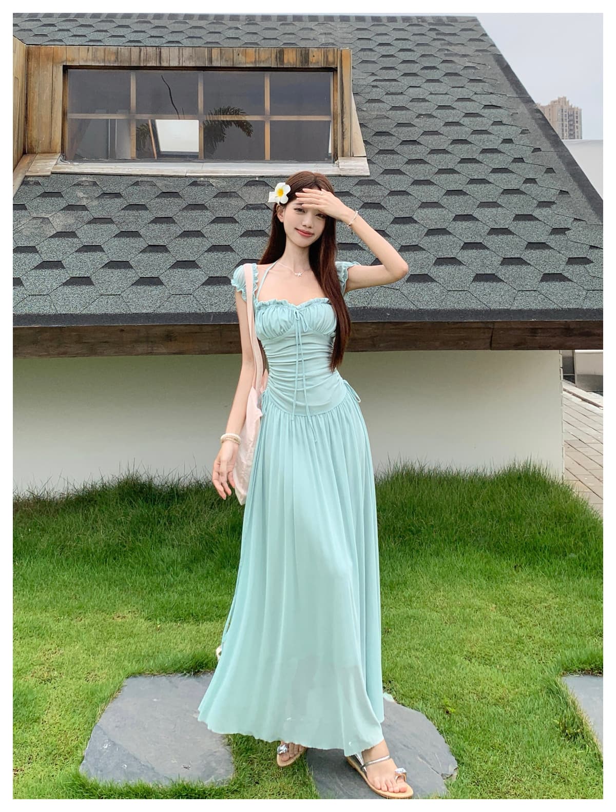 실사 2026 여름 새로운 빅 사이즈 망사 해변가 휴가 드레스 여름 섬 광장 칼라 품격 치마 상세 이미지 21