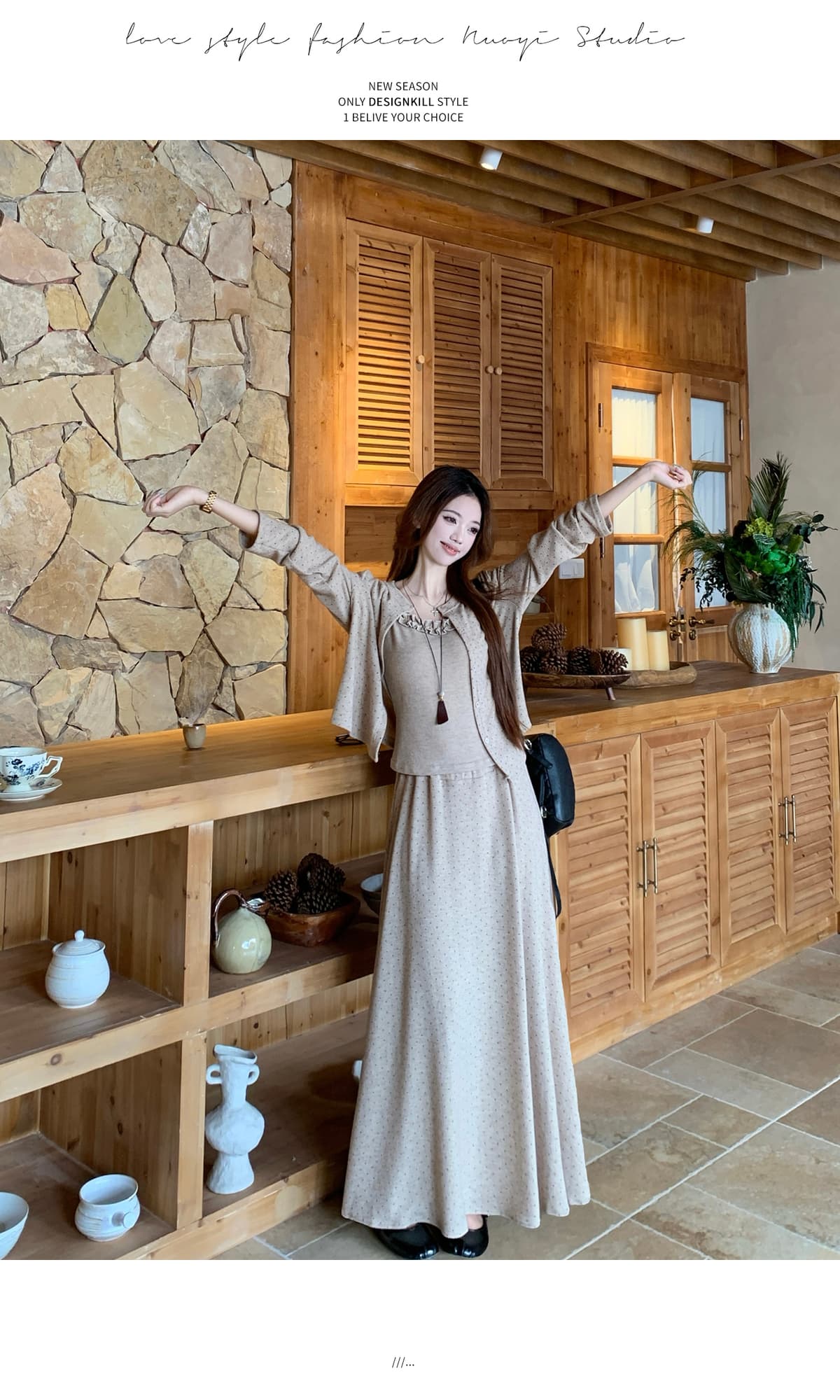 실사 빅 사이즈 지방 mm 한 부서 품격 작은 샤넬 스타일 세트 가을 새로운 오픈 가디건 슬립 반신 스커트 3종 세트 상세 이미지 26