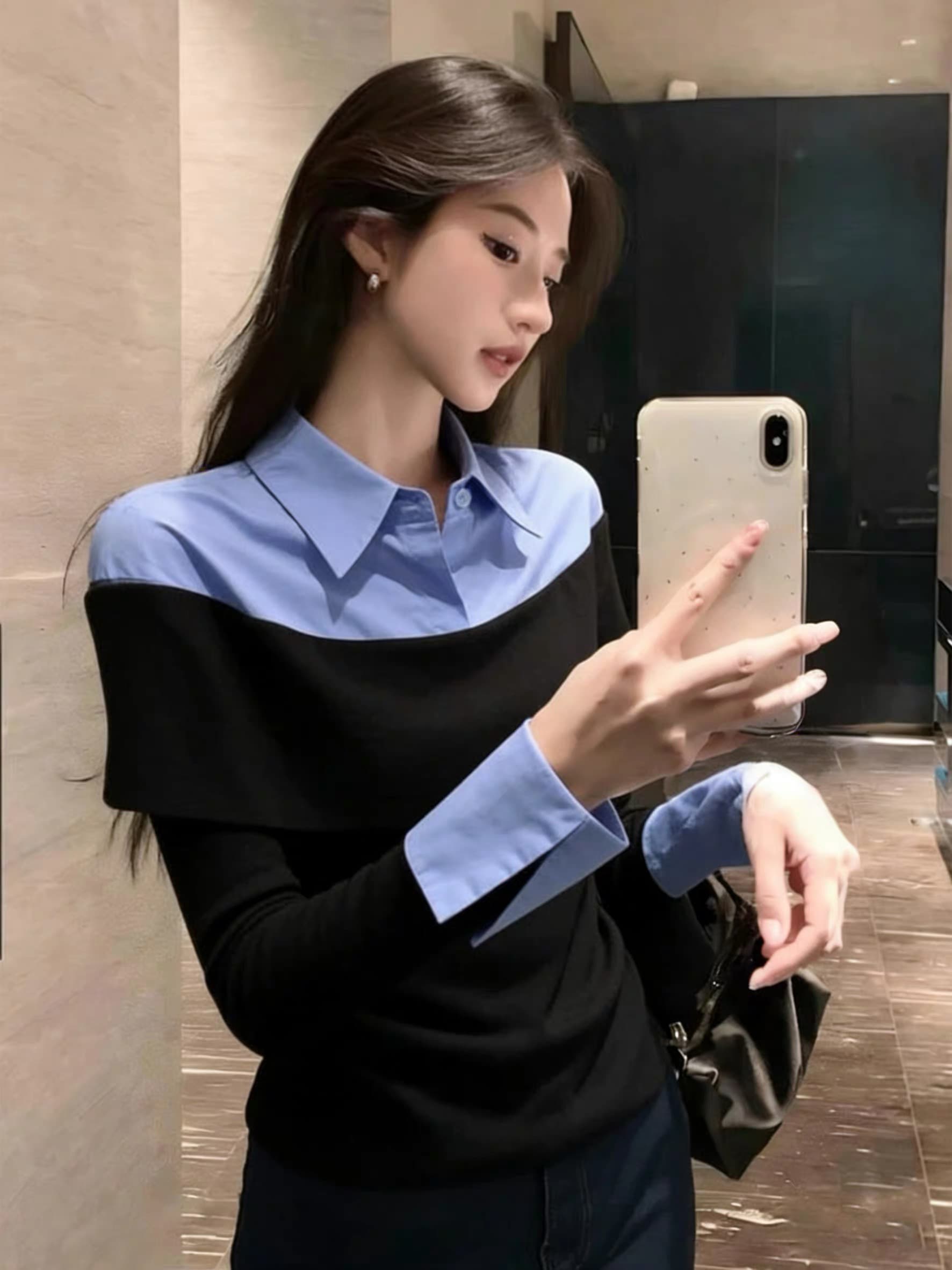 한 부서 chic 페이크 레이어드 배색 여성 셔츠 2026 새로운 슈퍼 잘 생긴 긴팔 빛 요리 한 바람 품격 패치워크 맨위 이미지 3