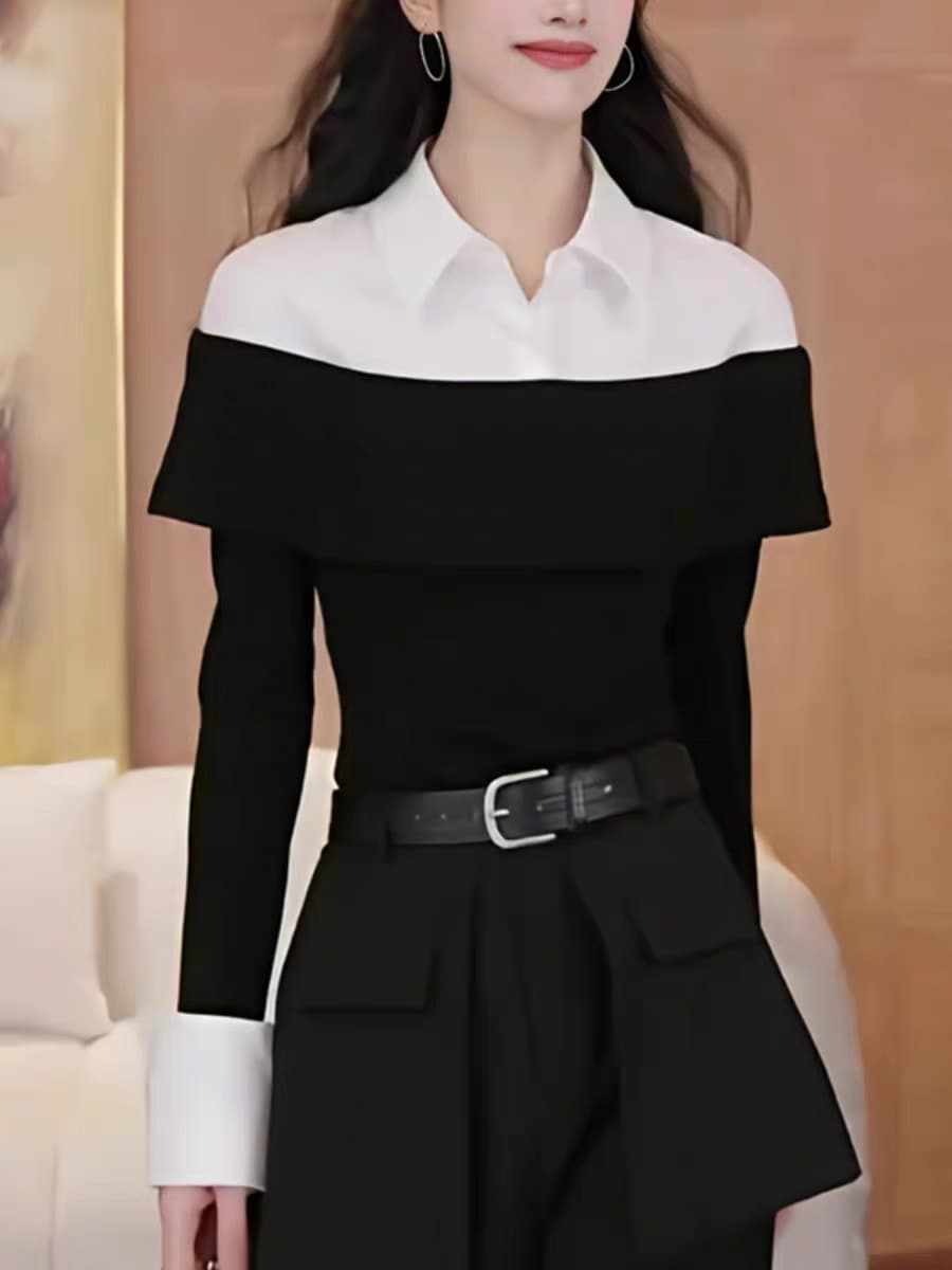 한 부서 chic 페이크 레이어드 배색 여성 셔츠 2026 새로운 슈퍼 잘 생긴 긴팔 빛 요리 한 바람 품격 패치워크 맨위 상세 이미지 5