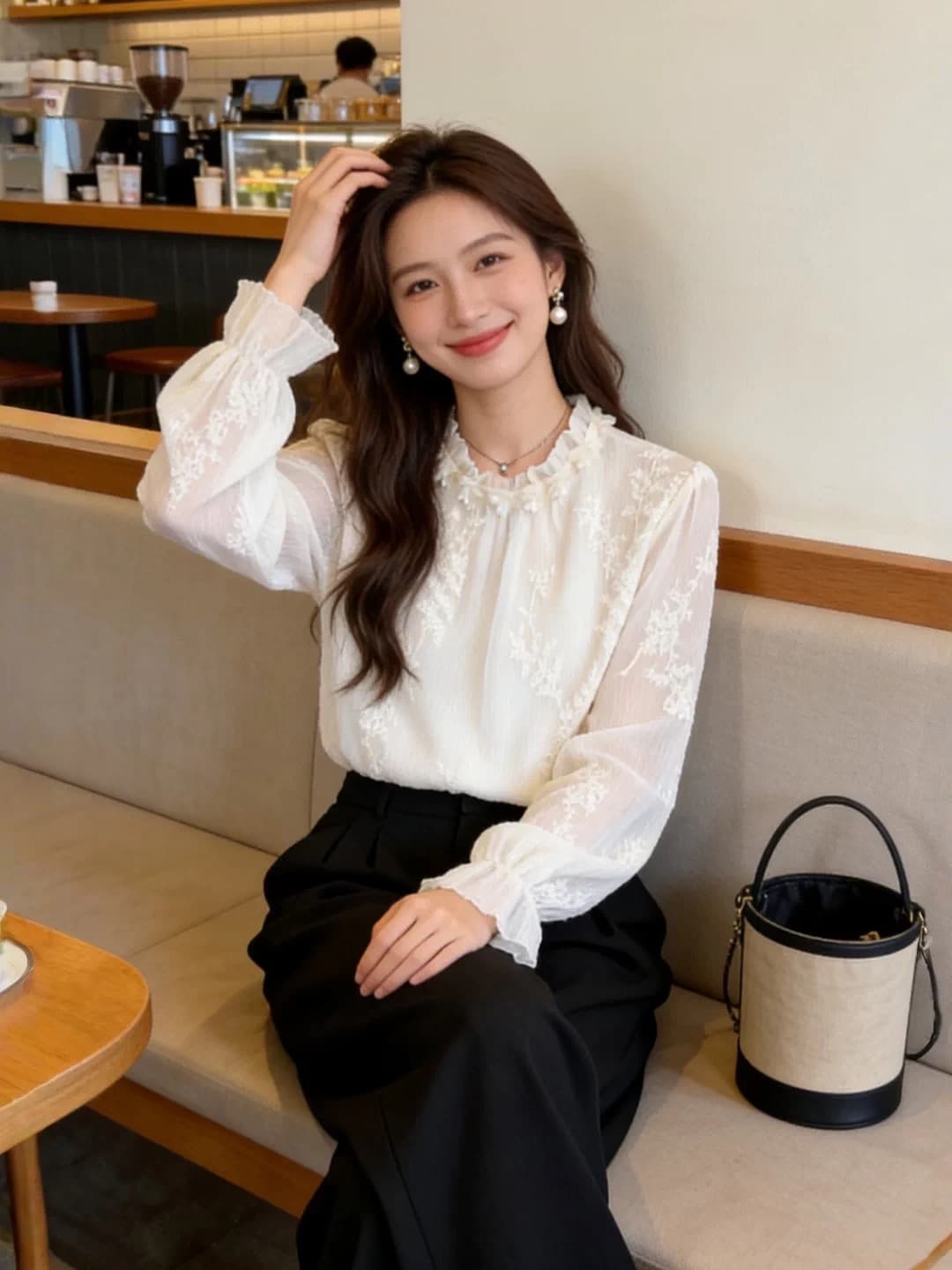 프랑스식 프릴 라운드 넥 여성 셔츠 봄 슈퍼 잘 생긴 다용도 자수 쉬폰 블라우스 만나는 맨위 이미지 2