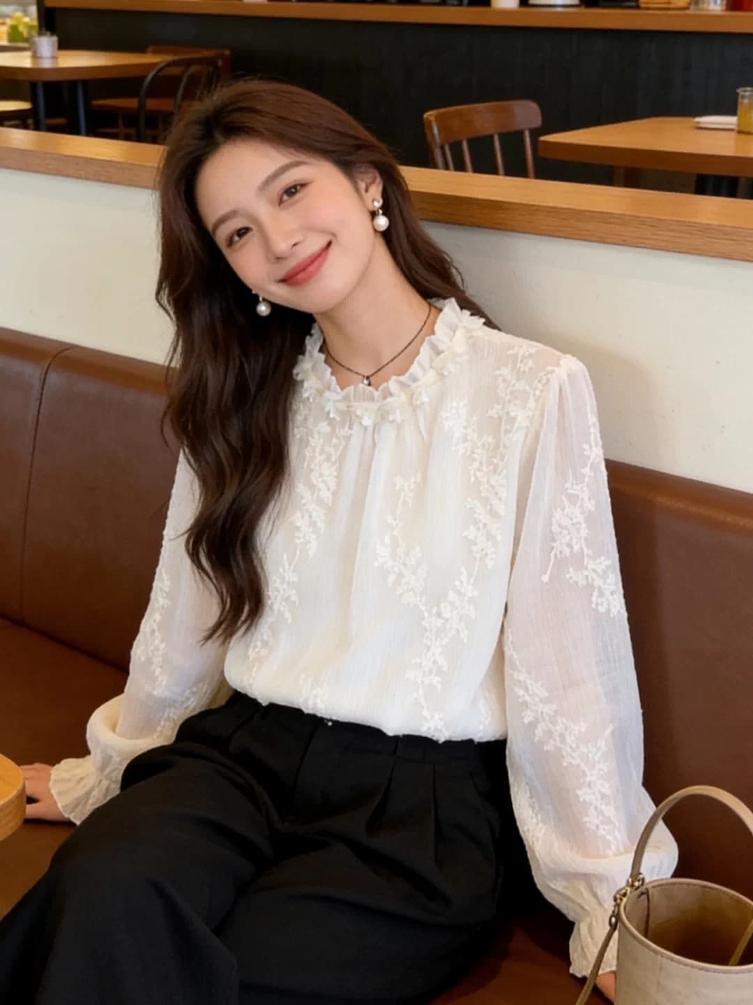 프랑스식 프릴 라운드 넥 여성 셔츠 봄 슈퍼 잘 생긴 다용도 자수 쉬폰 블라우스 만나는 맨위 이미지 3