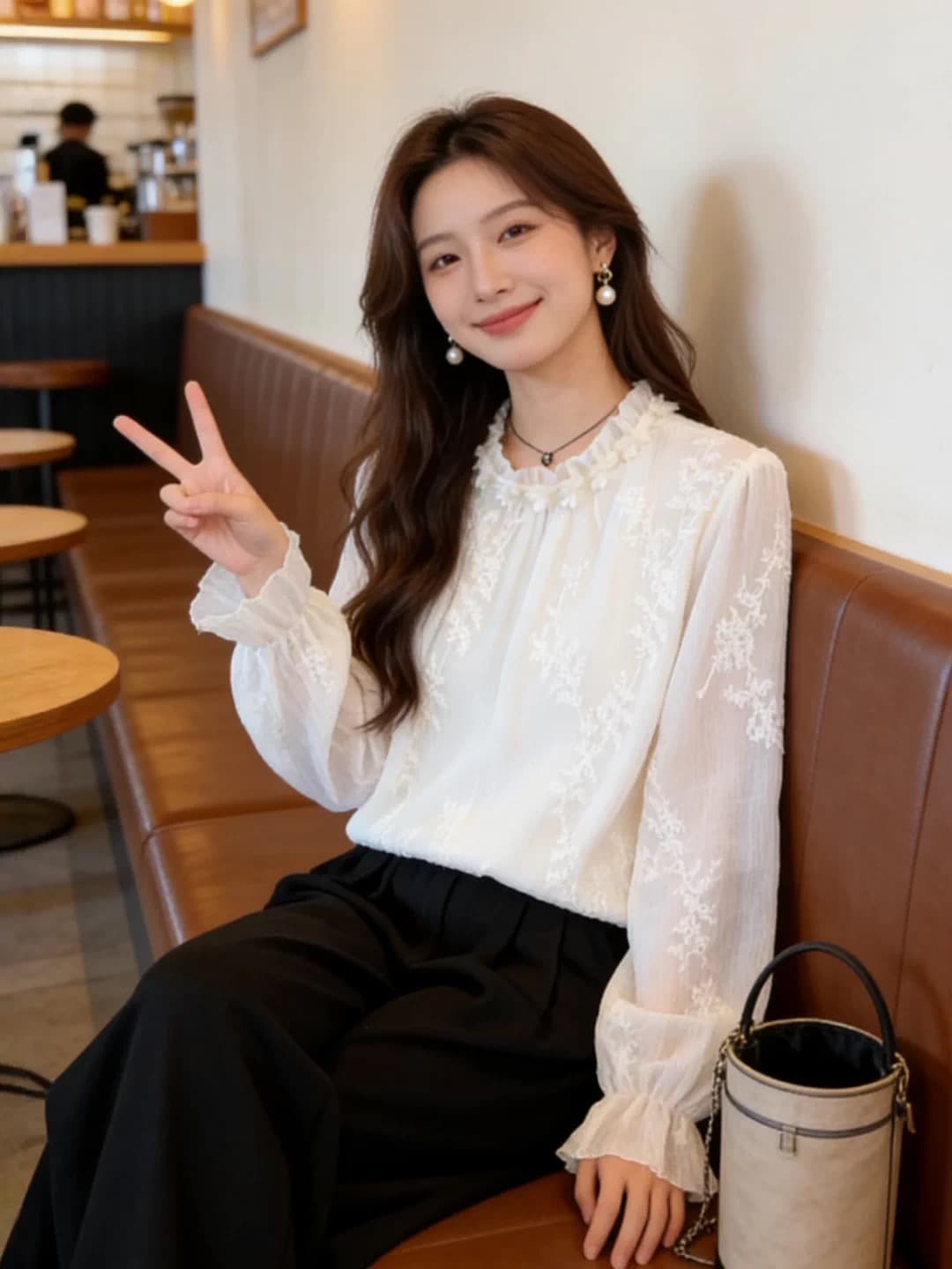 프랑스식 프릴 라운드 넥 여성 셔츠 봄 슈퍼 잘 생긴 다용도 자수 쉬폰 블라우스 만나는 맨위 이미지 5