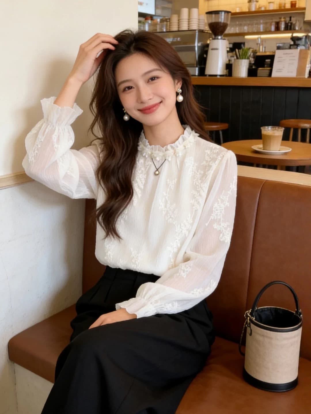 프랑스식 프릴 라운드 넥 여성 셔츠 봄 슈퍼 잘 생긴 다용도 자수 쉬폰 블라우스 만나는 맨위 상세 이미지 3