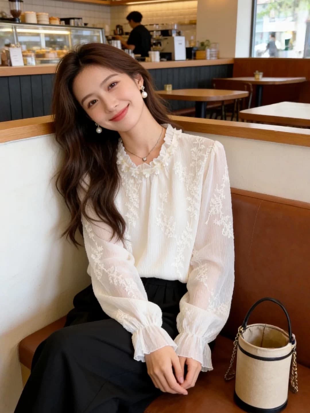 프랑스식 프릴 라운드 넥 여성 셔츠 봄 슈퍼 잘 생긴 다용도 자수 쉬폰 블라우스 만나는 맨위 상세 이미지 4