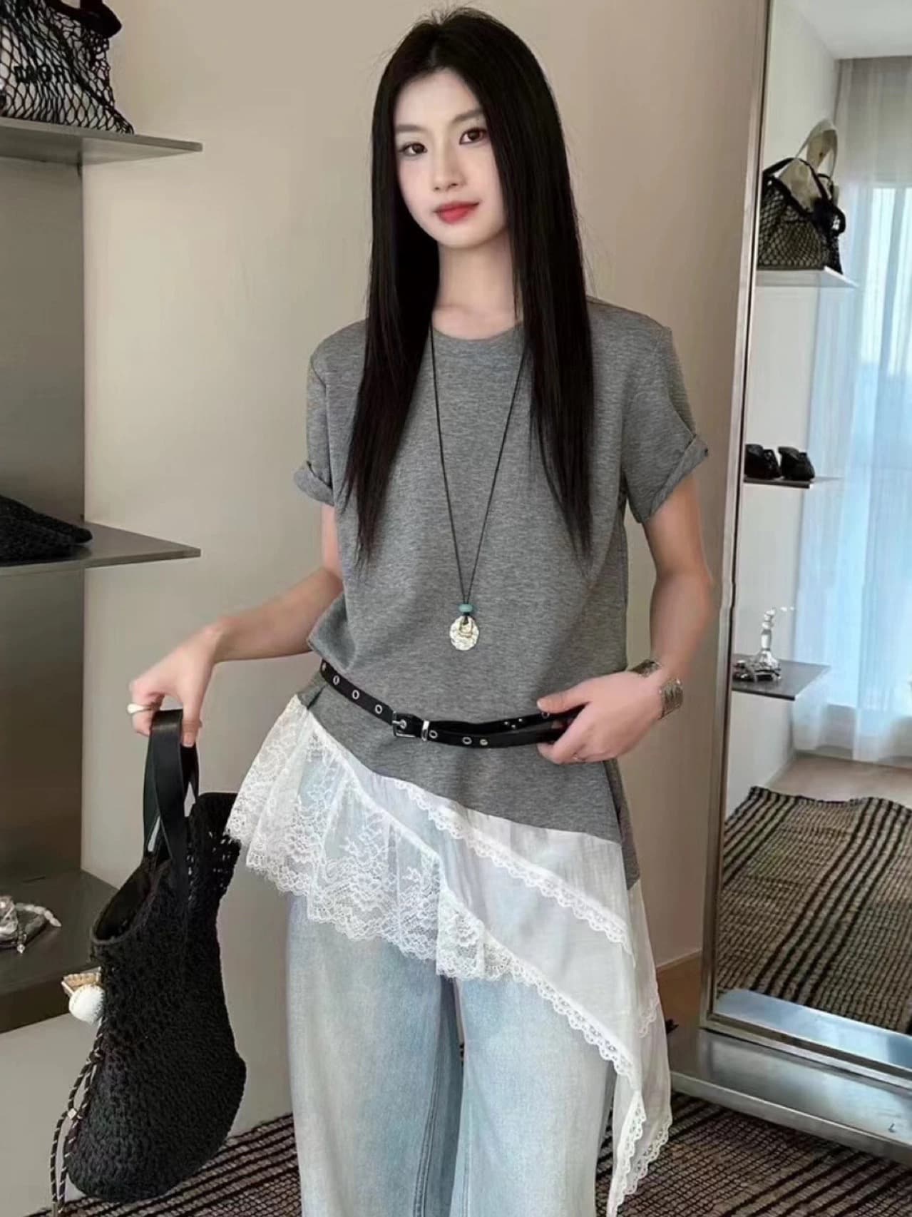 한국 스타일 패션 출퇴근 바람이 아닙니다. 규칙 레이스 레이스 패치워크 반팔 티셔츠 여성 몸매 가꾸기 슬림해 보이는 품격 맨위 트렌디 이미지 4