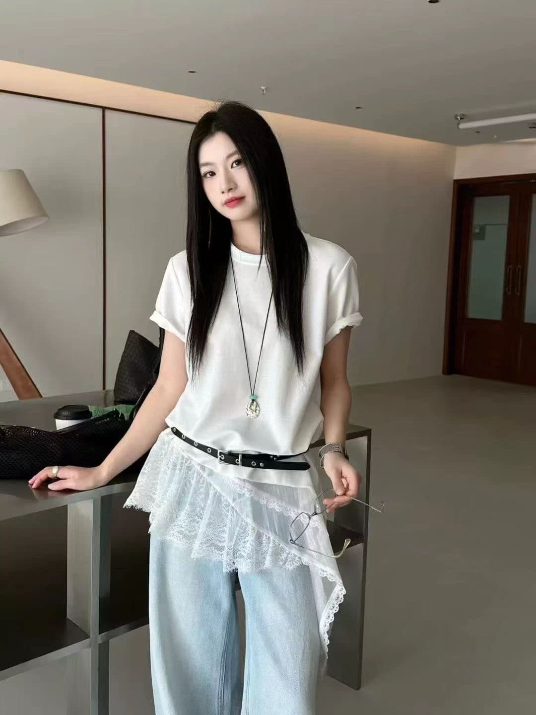 한국 스타일 패션 출퇴근 바람이 아닙니다. 규칙 레이스 레이스 패치워크 반팔 티셔츠 여성 몸매 가꾸기 슬림해 보이는 품격 맨위 트렌디 상세 이미지 1