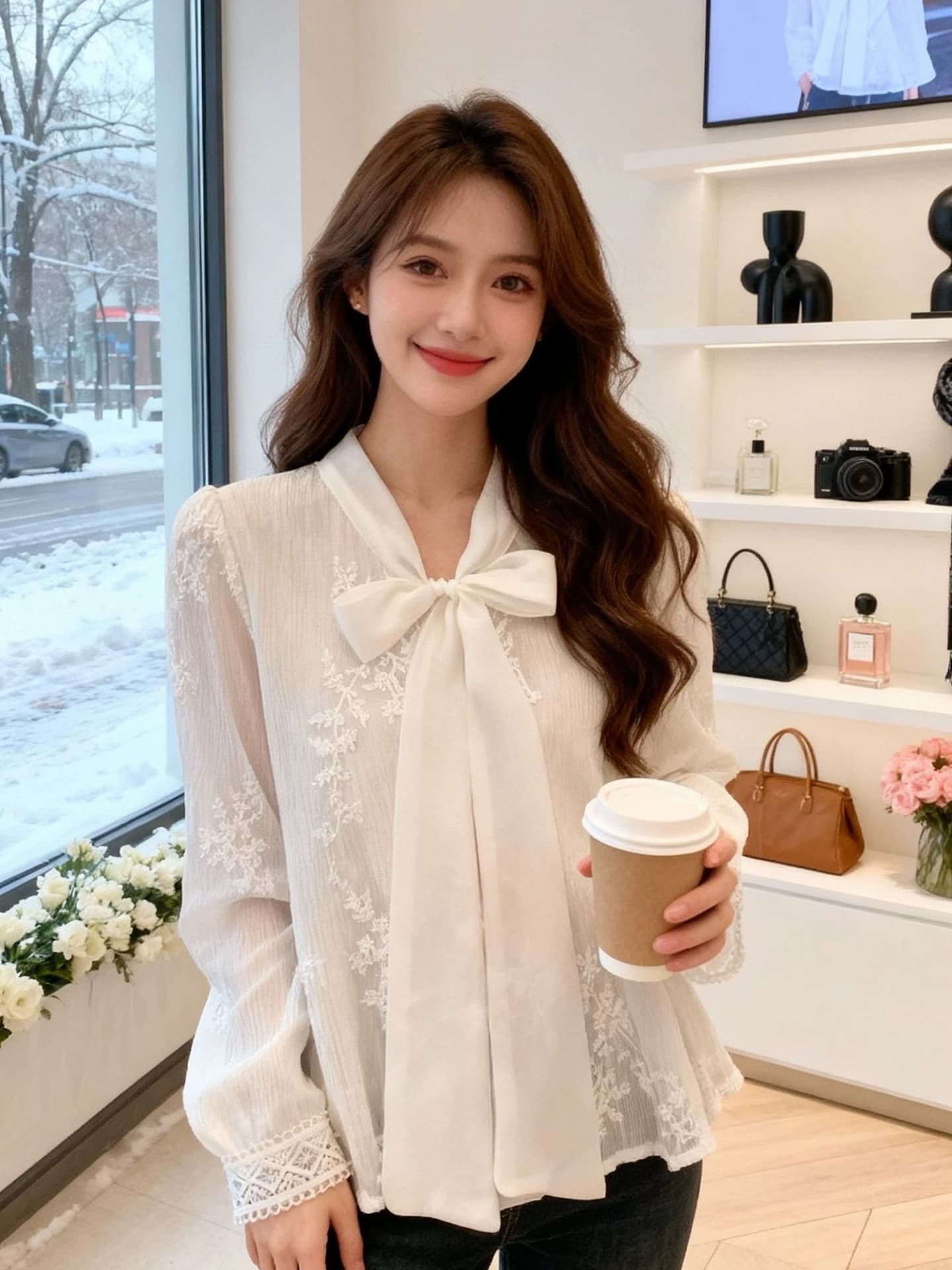 프랑스식 V넥 나비 매듭 긴팔 레이스 여성 셔츠 2026 년 봄 새로운 루즈핏 연령 감소 외국 가스 맨위 트렌디 상세 이미지 4