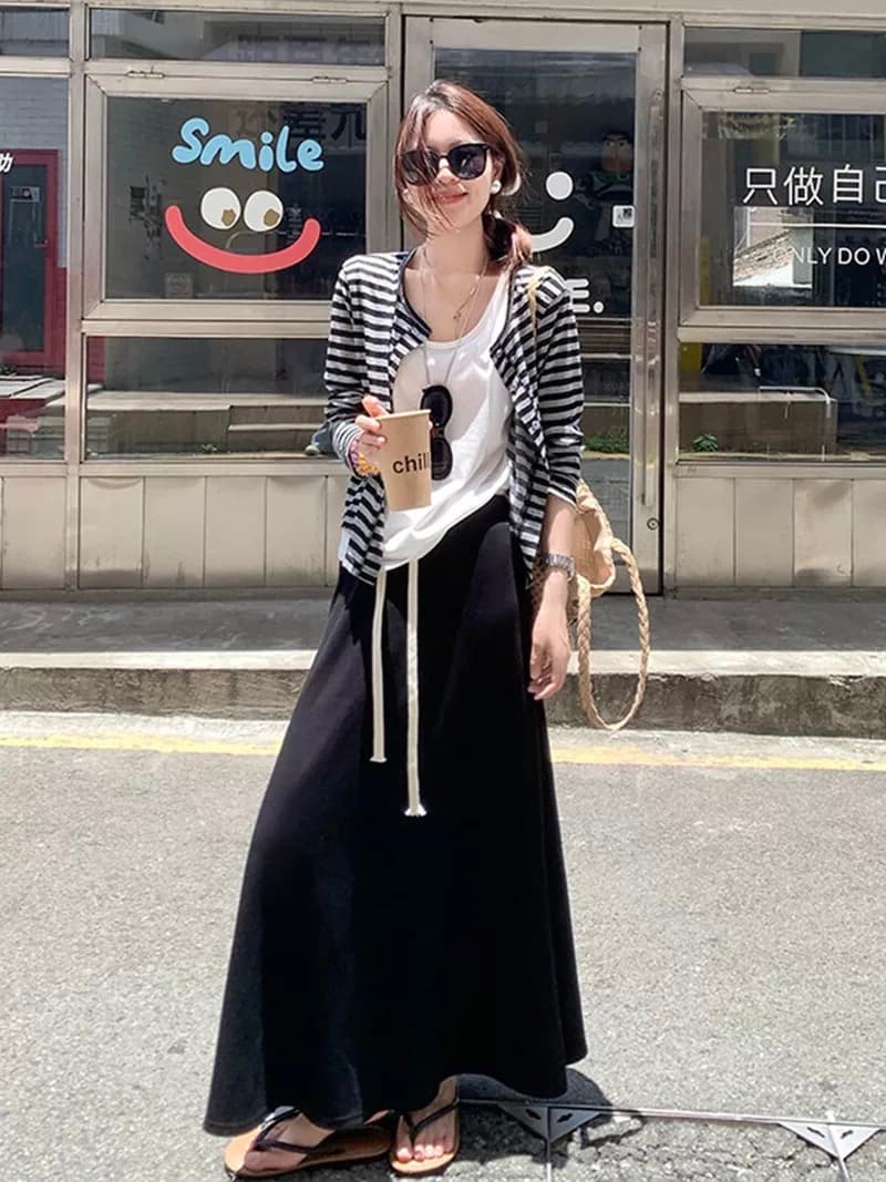 3종 세트 2026 봄 부담하지 마세요. 착용 가져 가라. 바람 스트라이프 니트 오픈 가디건 조끼 허리밴드 반신 치마 세트 여성 이미지 2